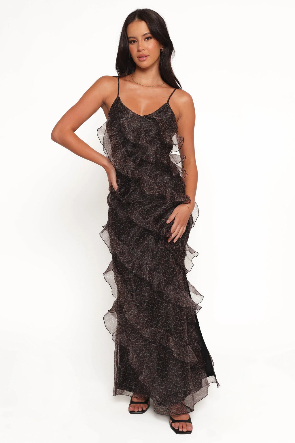 Robe longue Ciao Ruffles – Léopard noir