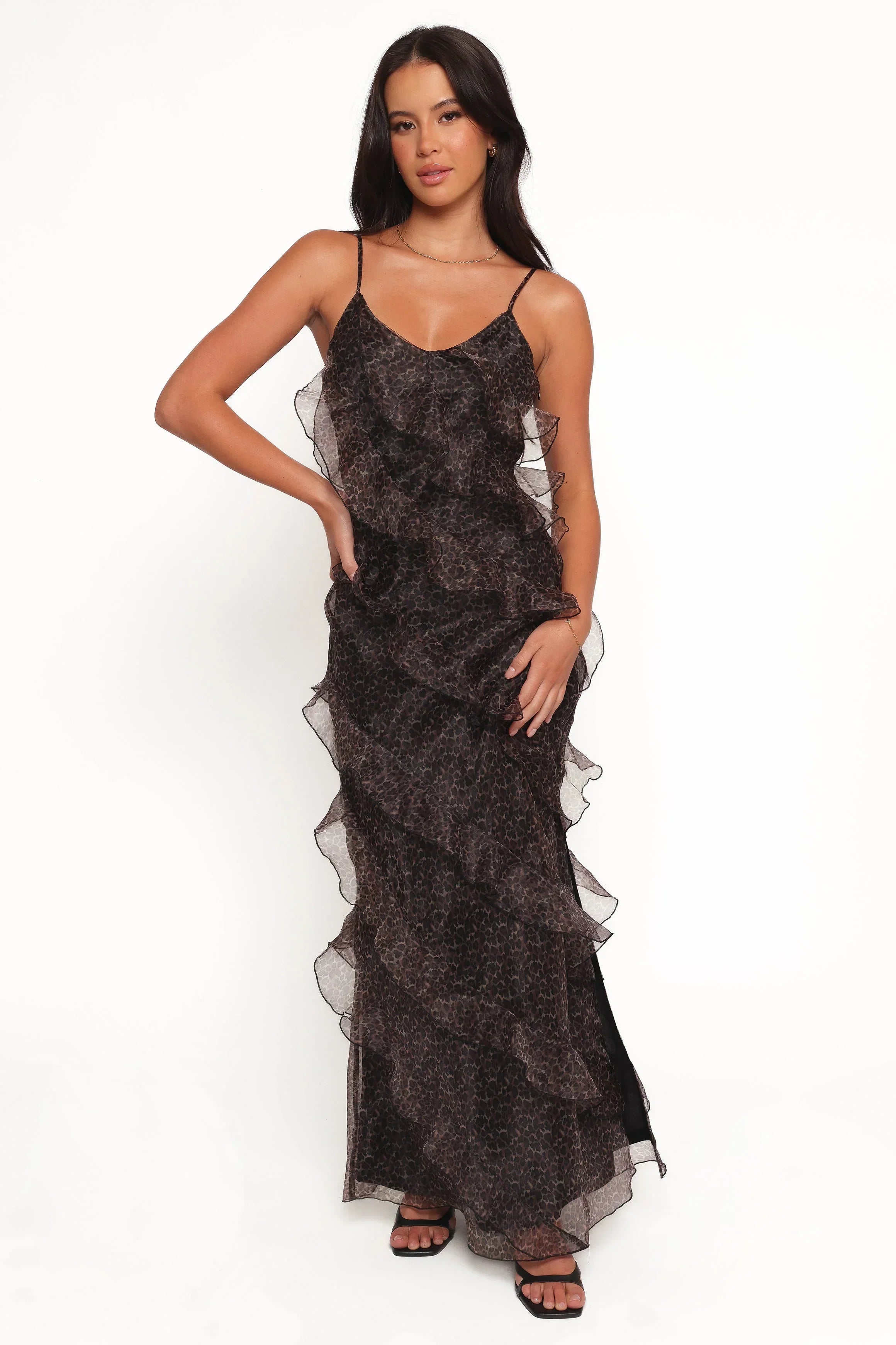 Robe longue Ciao Ruffles – Léopard noir