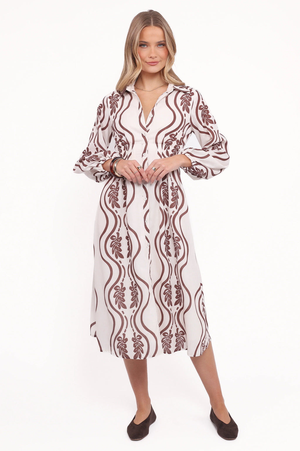 Robe longue Lira à manches longues – Imprimé marron