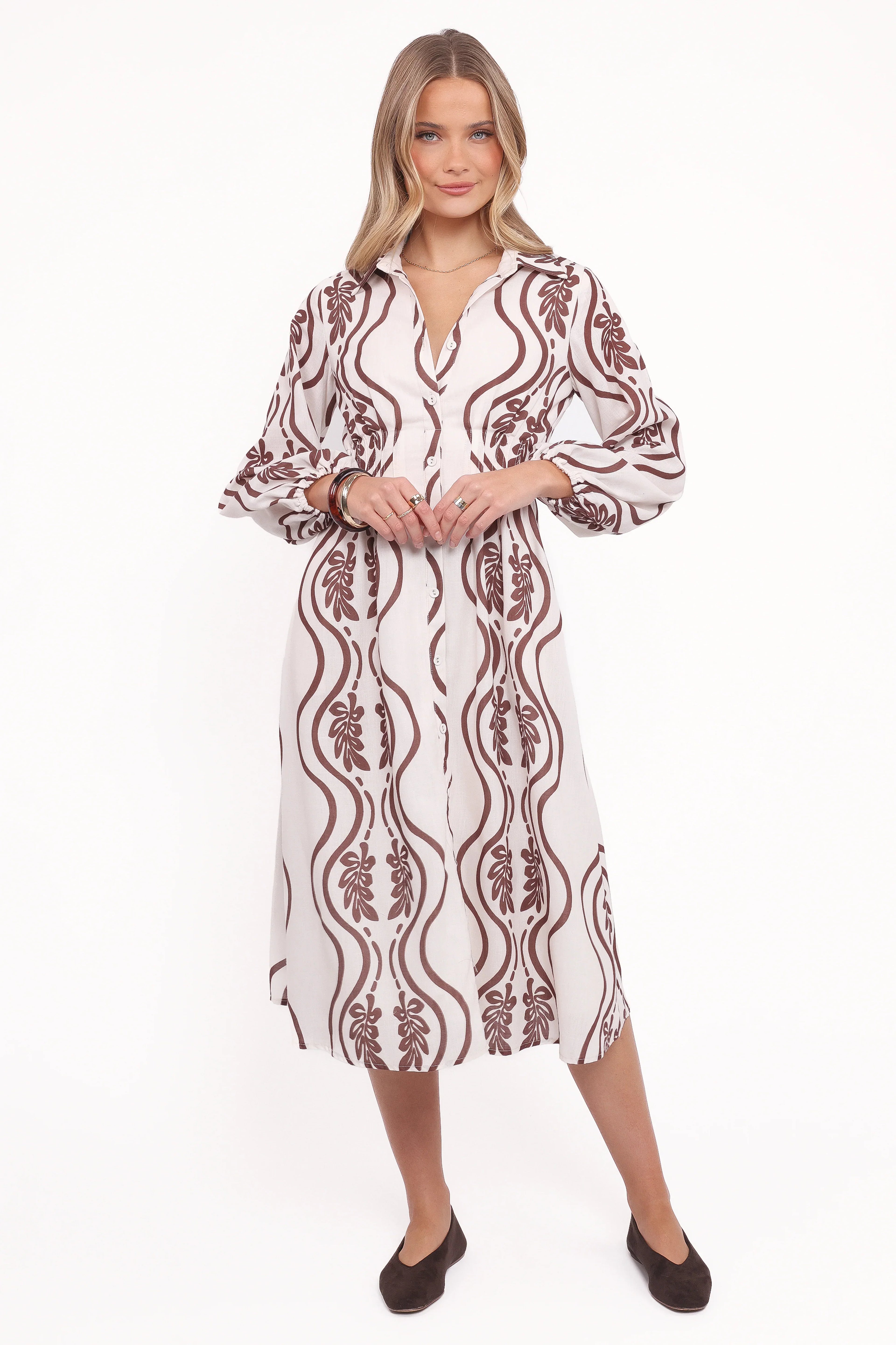 Robe longue Lira à manches longues – Imprimé marron