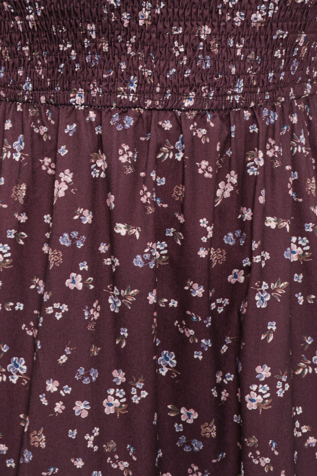 Robe mi-longue Edwina à manches longues et volants smockés - motif floral prune