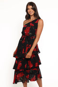 Robe midi étagée asymétrique Brigette - Floral rouge