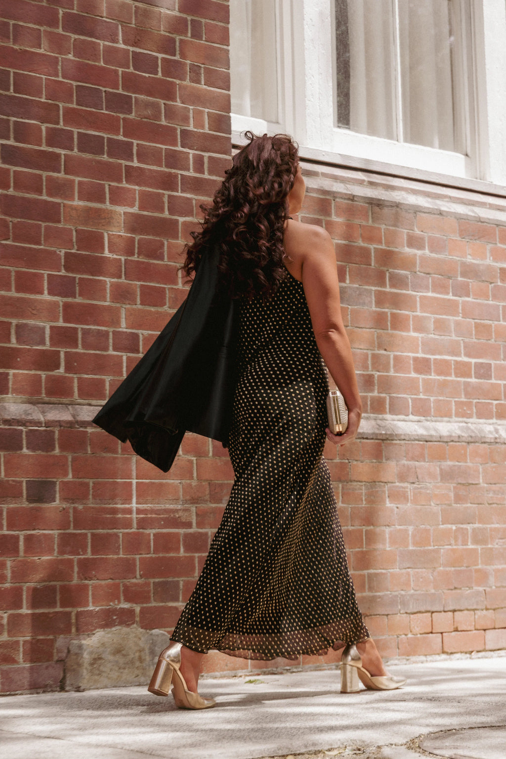 Robe longue Melody Plissée à Col Halter - Pois Dorés/Noirs