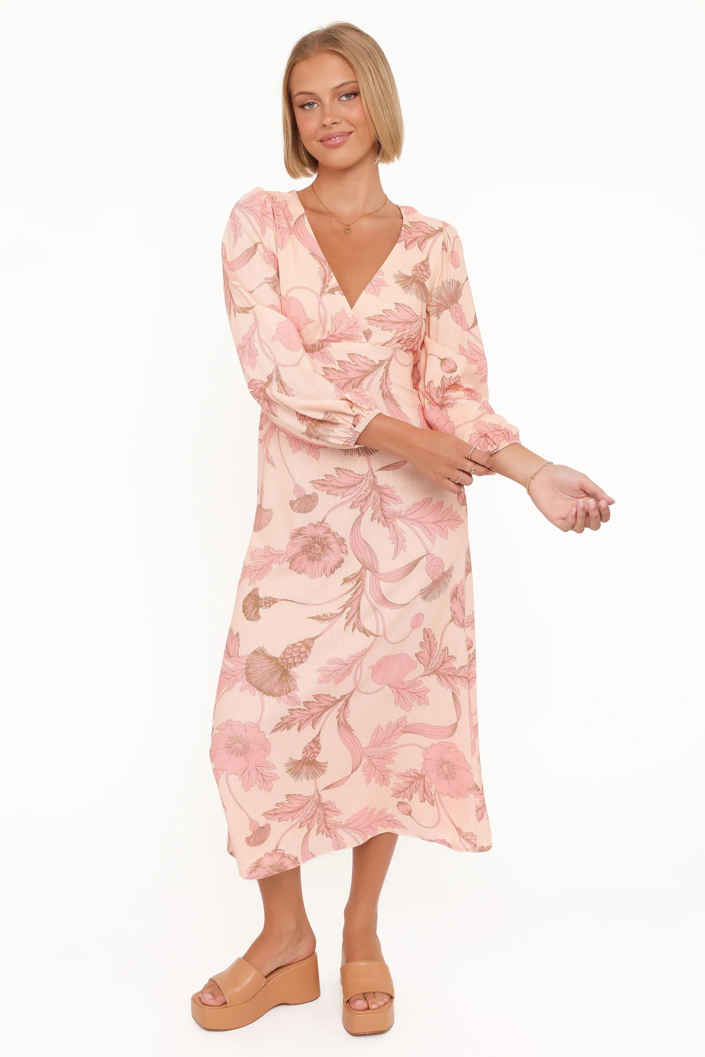 Robe mi-longue Kolby à manches longues - Imprimé floral rose