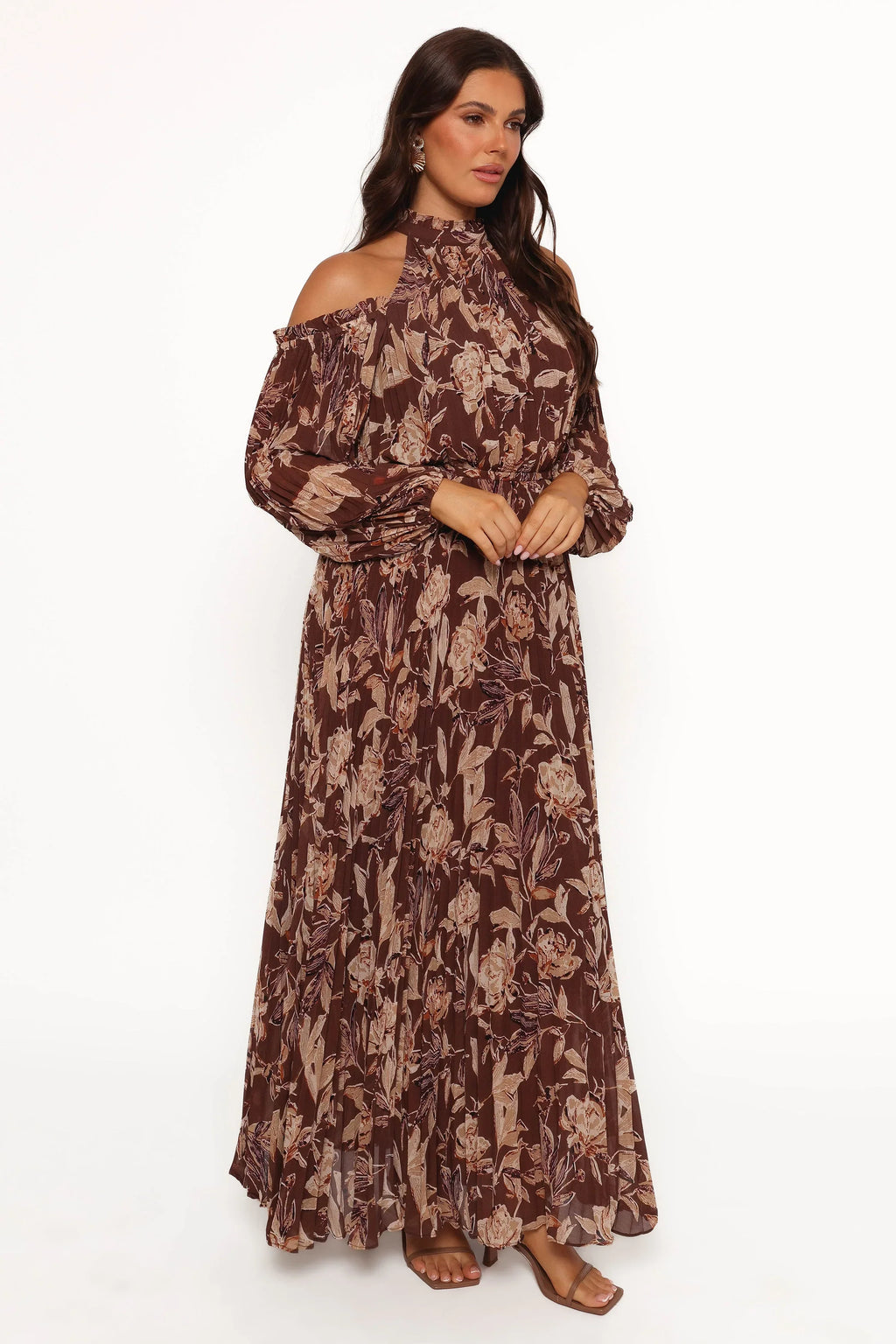 Robe longue plissée Hilary - Imprimé floral marron