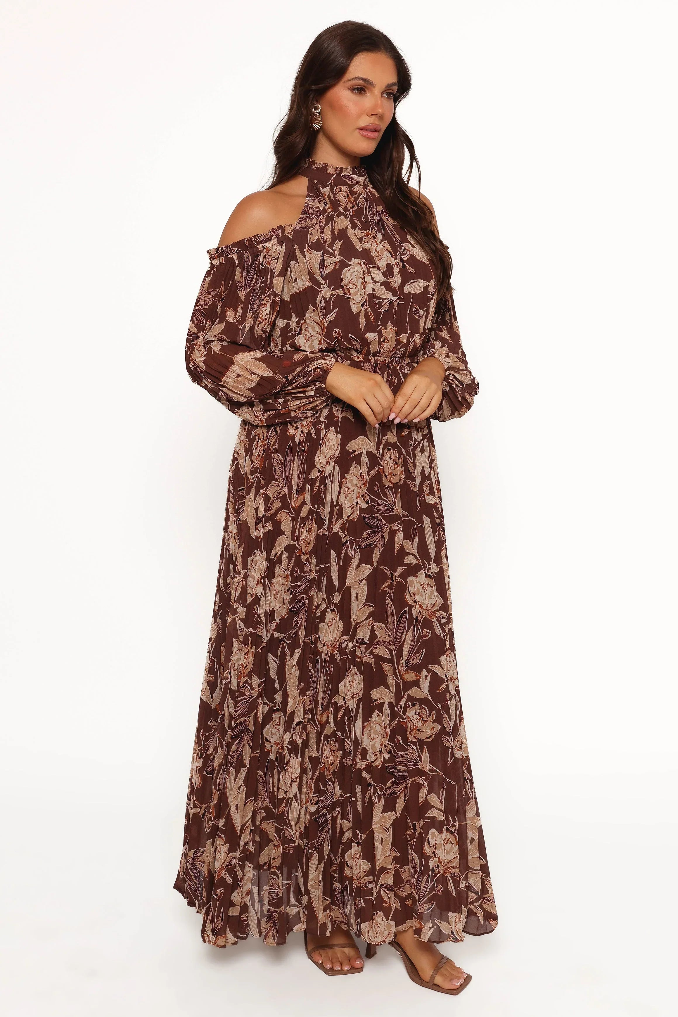Robe longue plissée Hilary - Imprimé floral marron