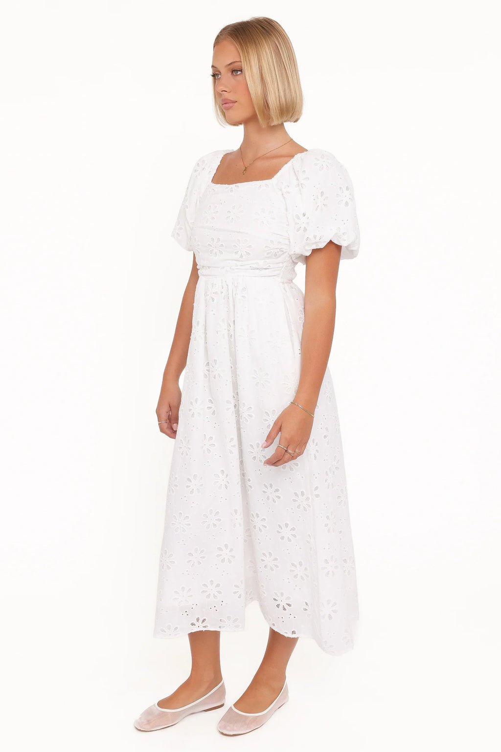 Clo Puff Sleeve Midi Dress - White Broderie