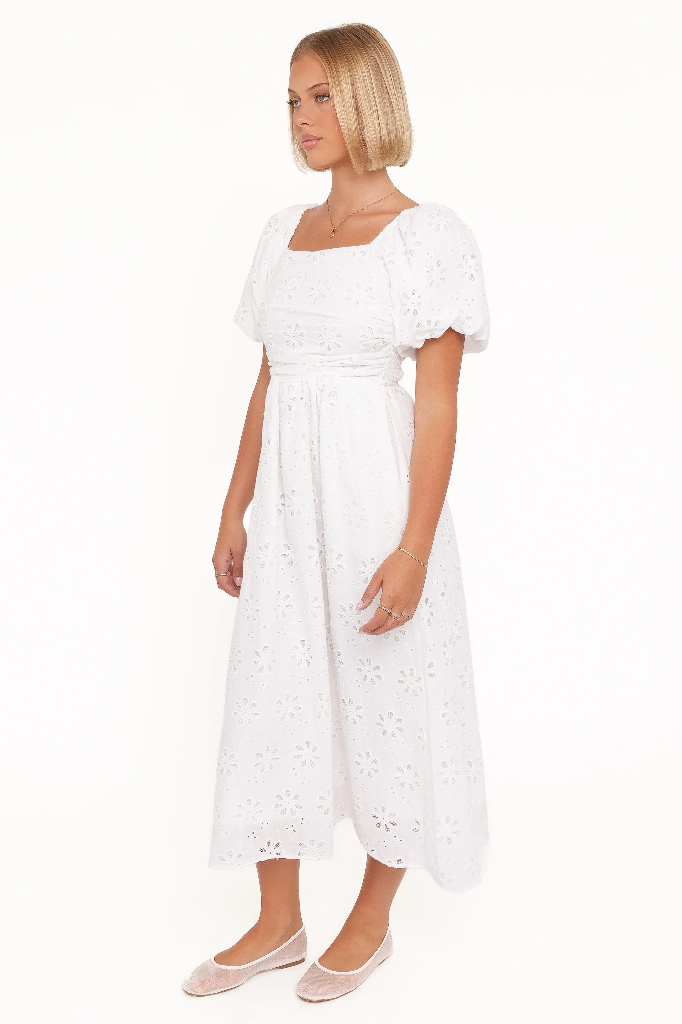 Clo Puff Sleeve Midi Dress - White Broderie