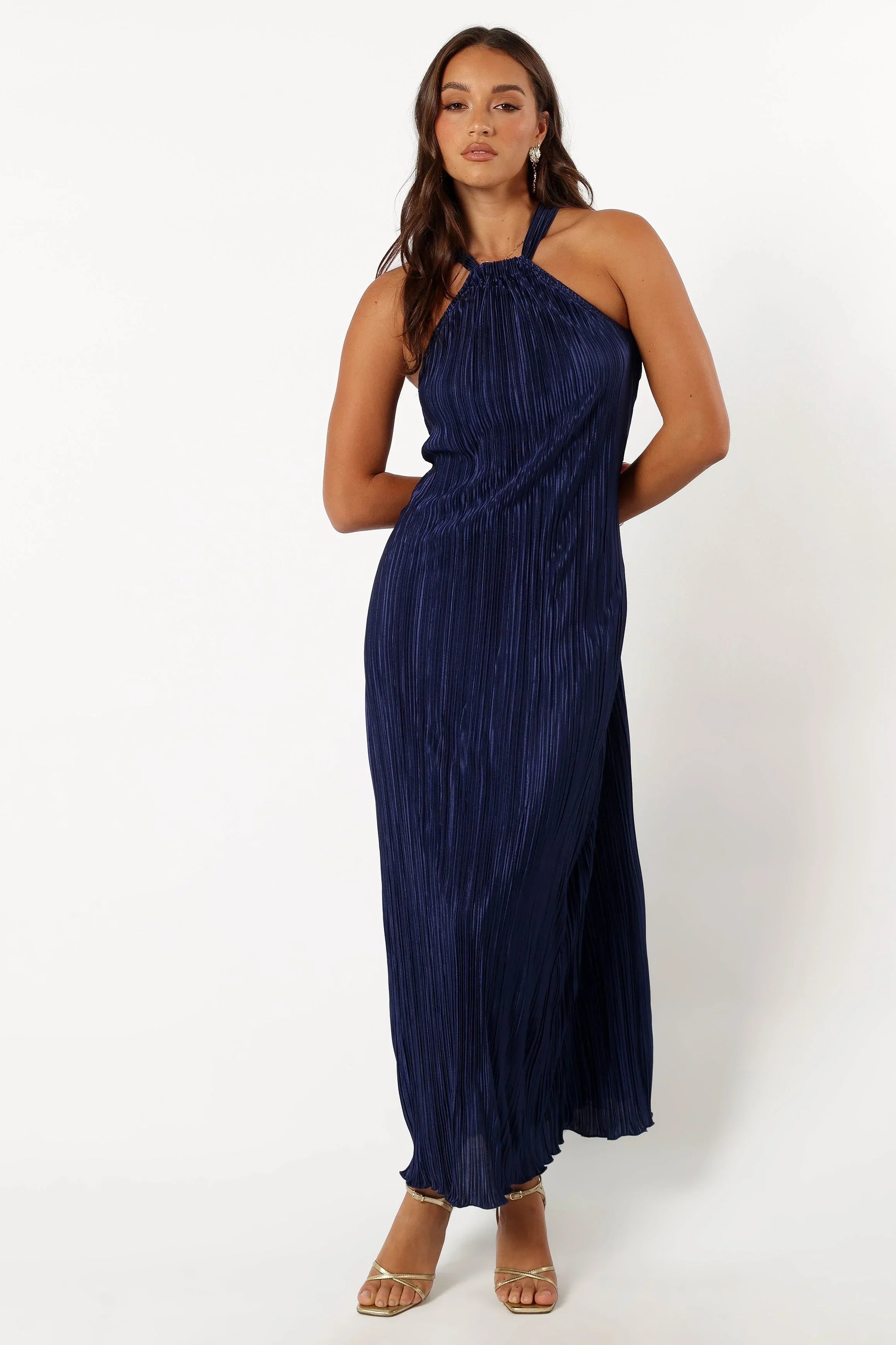 Robe longue plissée à col montant Melody - Marine