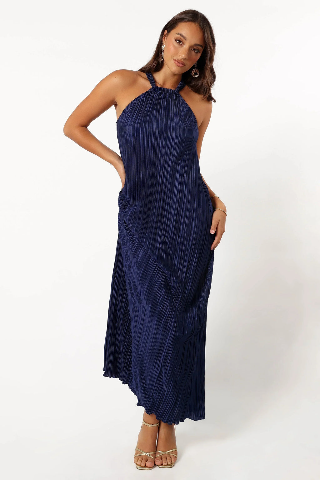 Robe longue plissée à col montant Melody - Marine