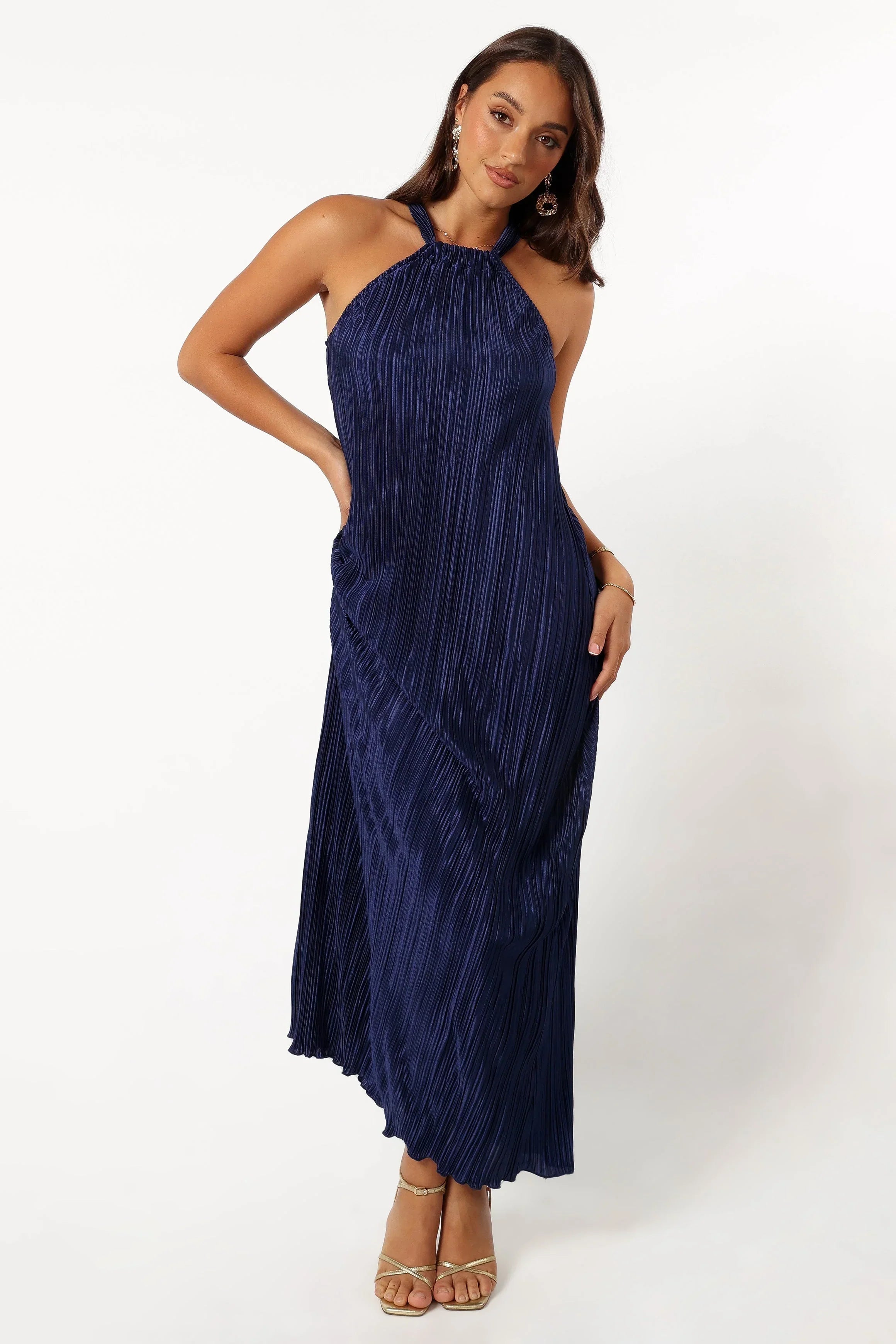 Robe longue plissée à col montant Melody - Marine