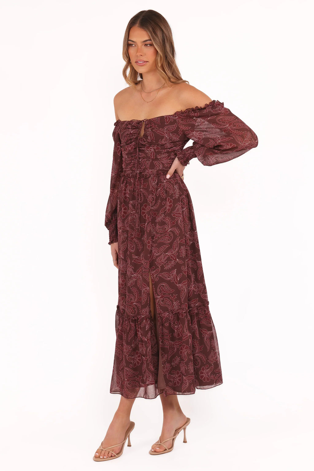 Robe longue Keziah à manches longues – Paisley bordeaux