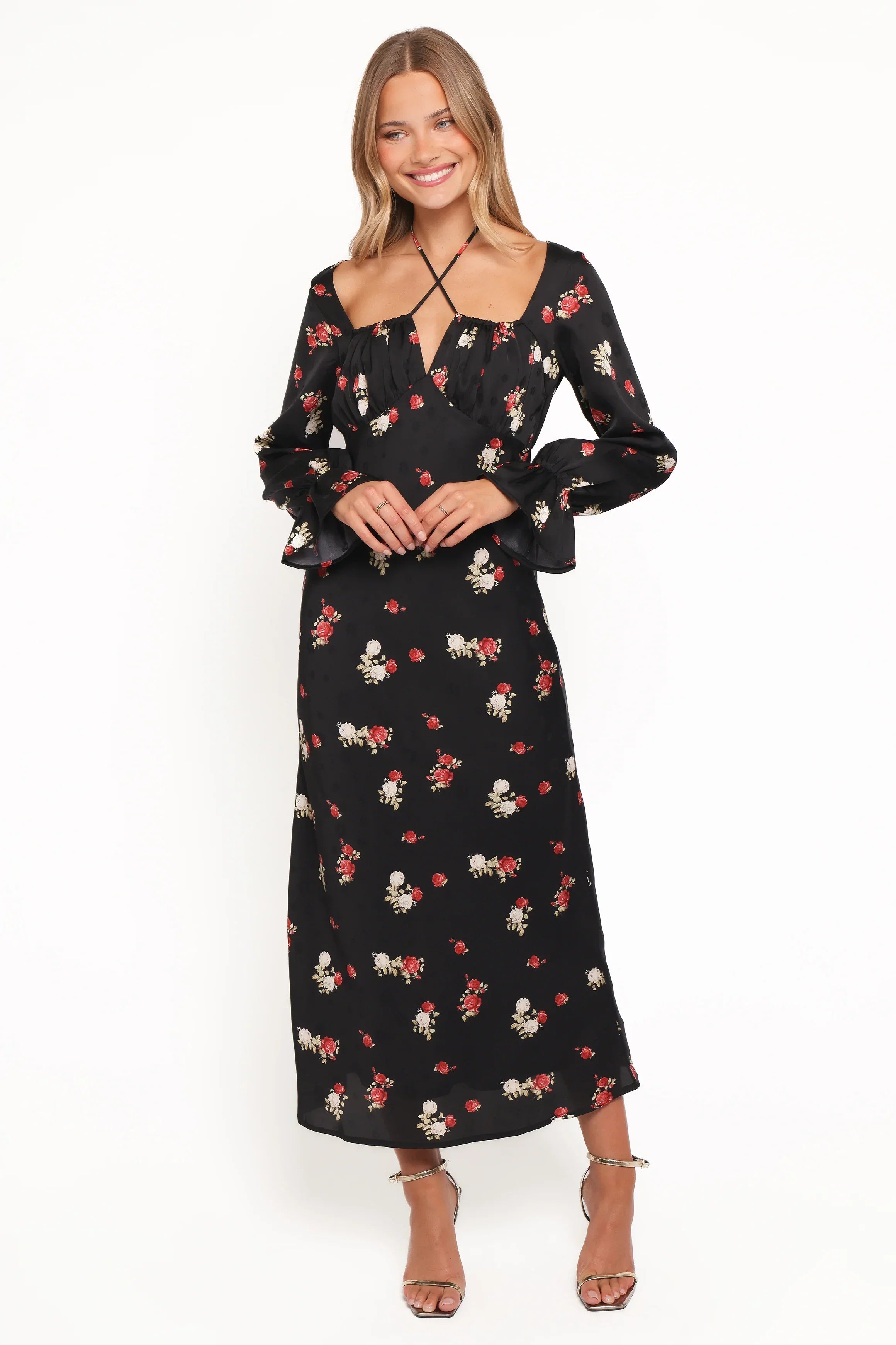 Robe longue Pauline à manches longues - Imprimé fleuri noir