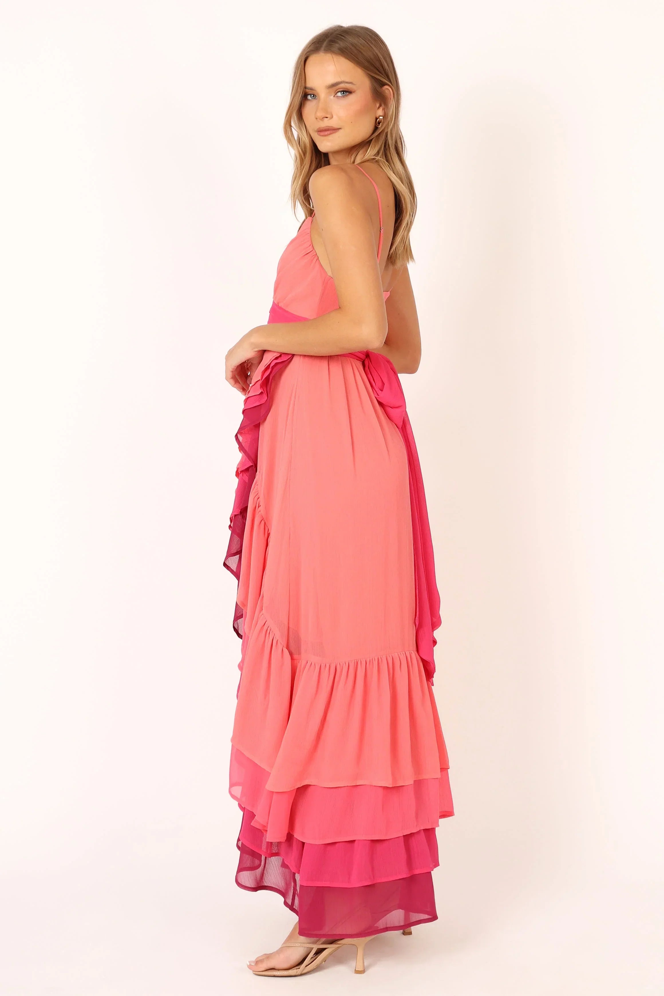 Robe longue étagée BomBon - Rose corail vif