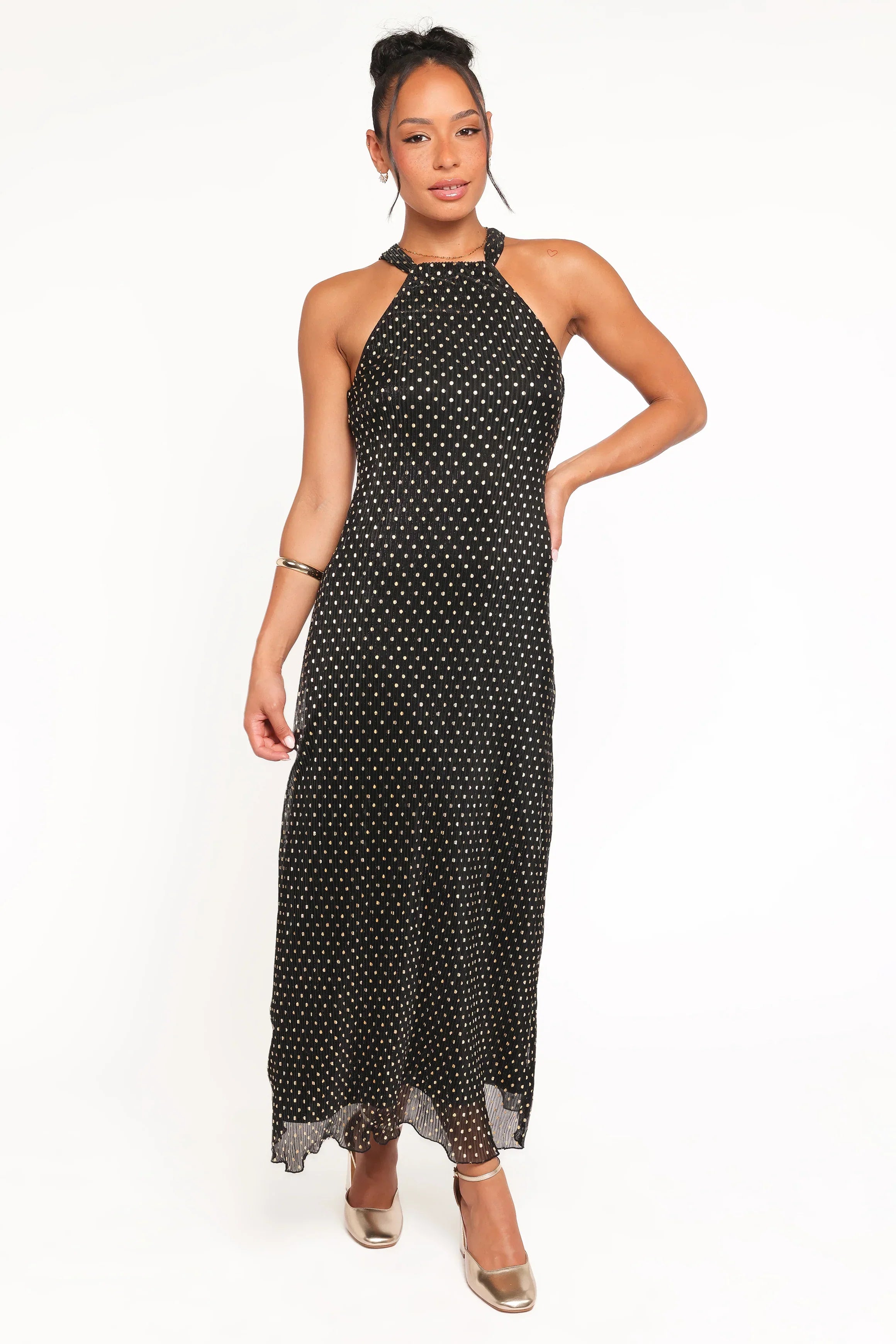 Robe longue Melody Plissée à Col Halter - Pois Dorés/Noirs