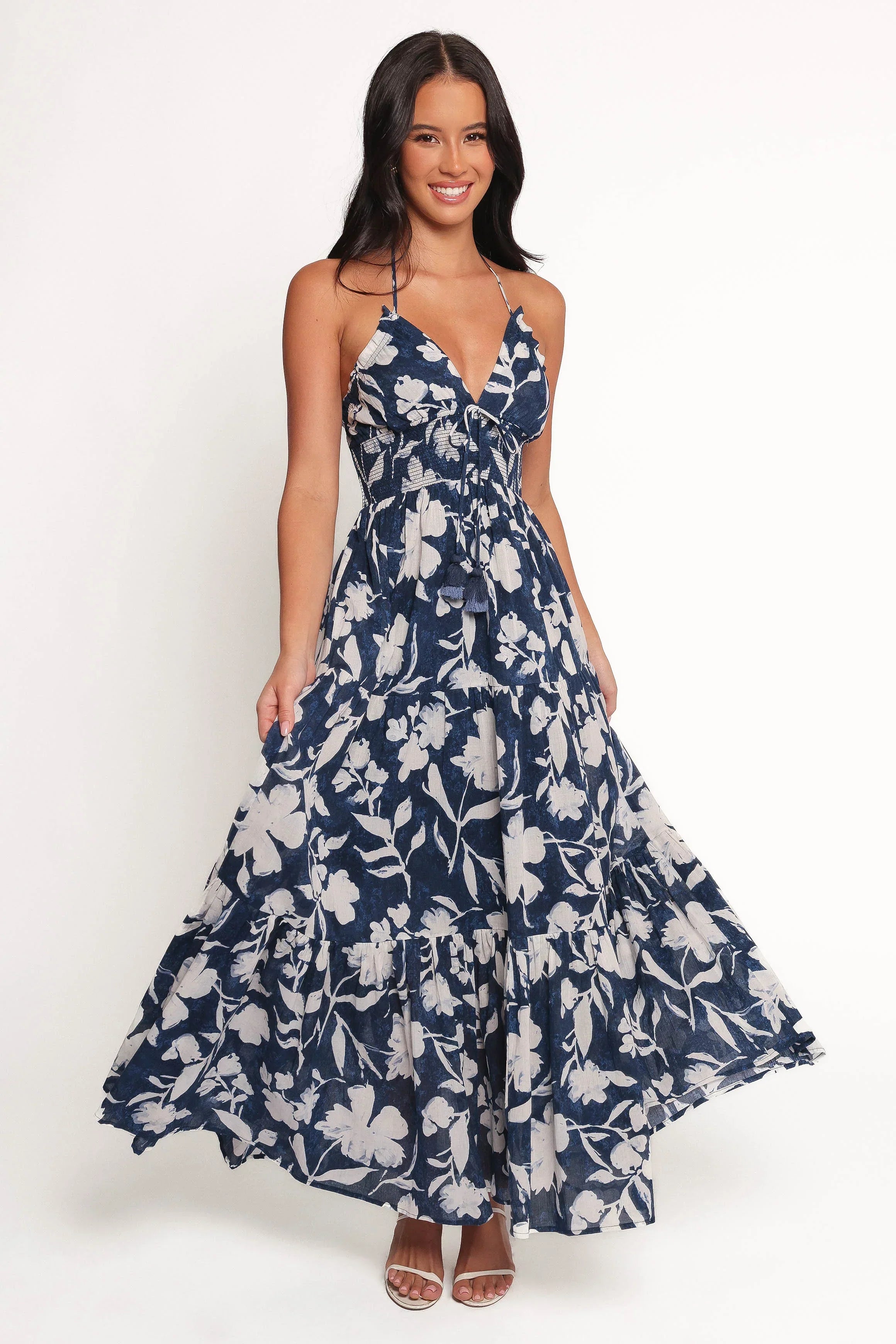 Robe longue Coralie - Bleu marine et pivoine