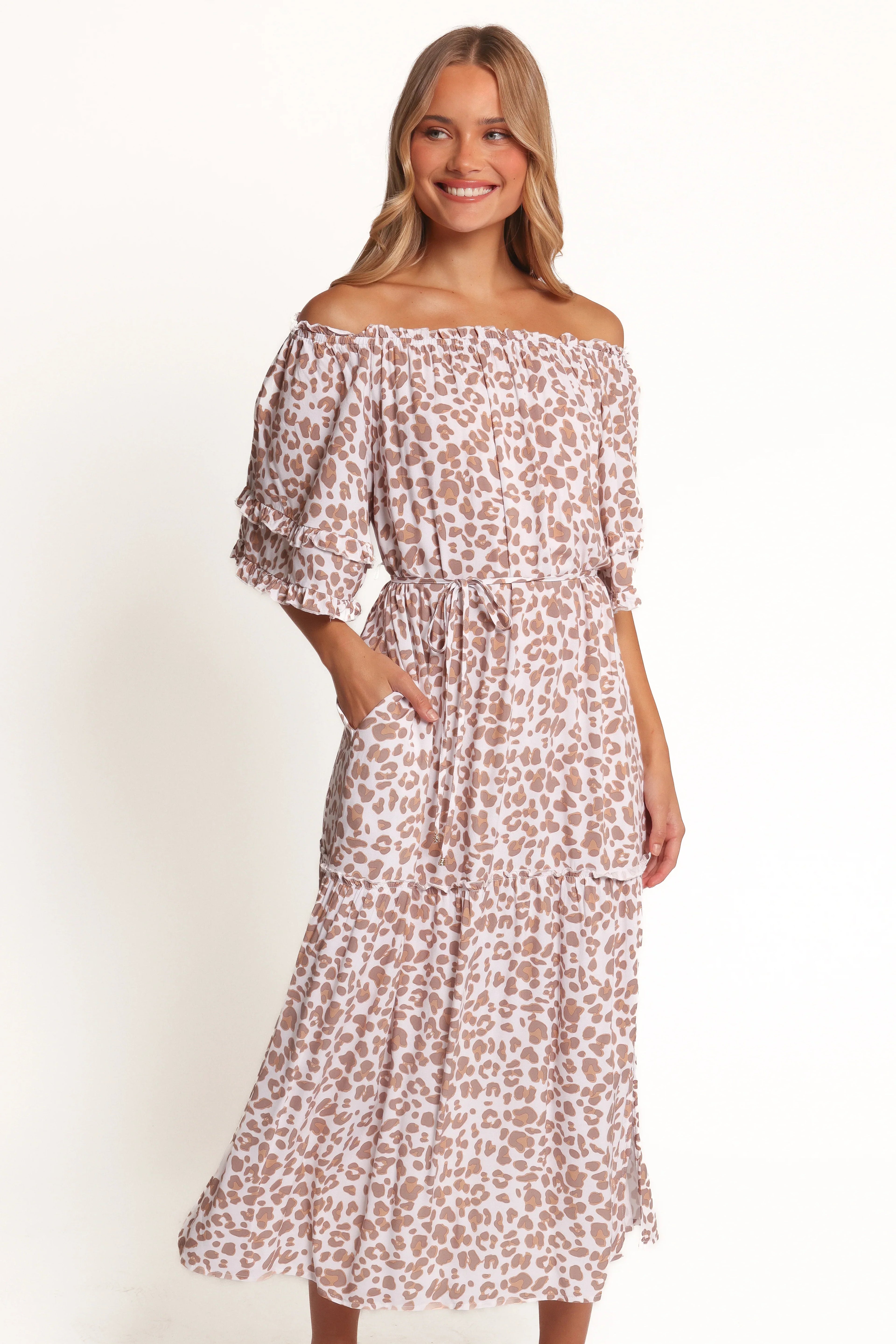 Rhody Off Shoulder Maxi Dress - White Leopard