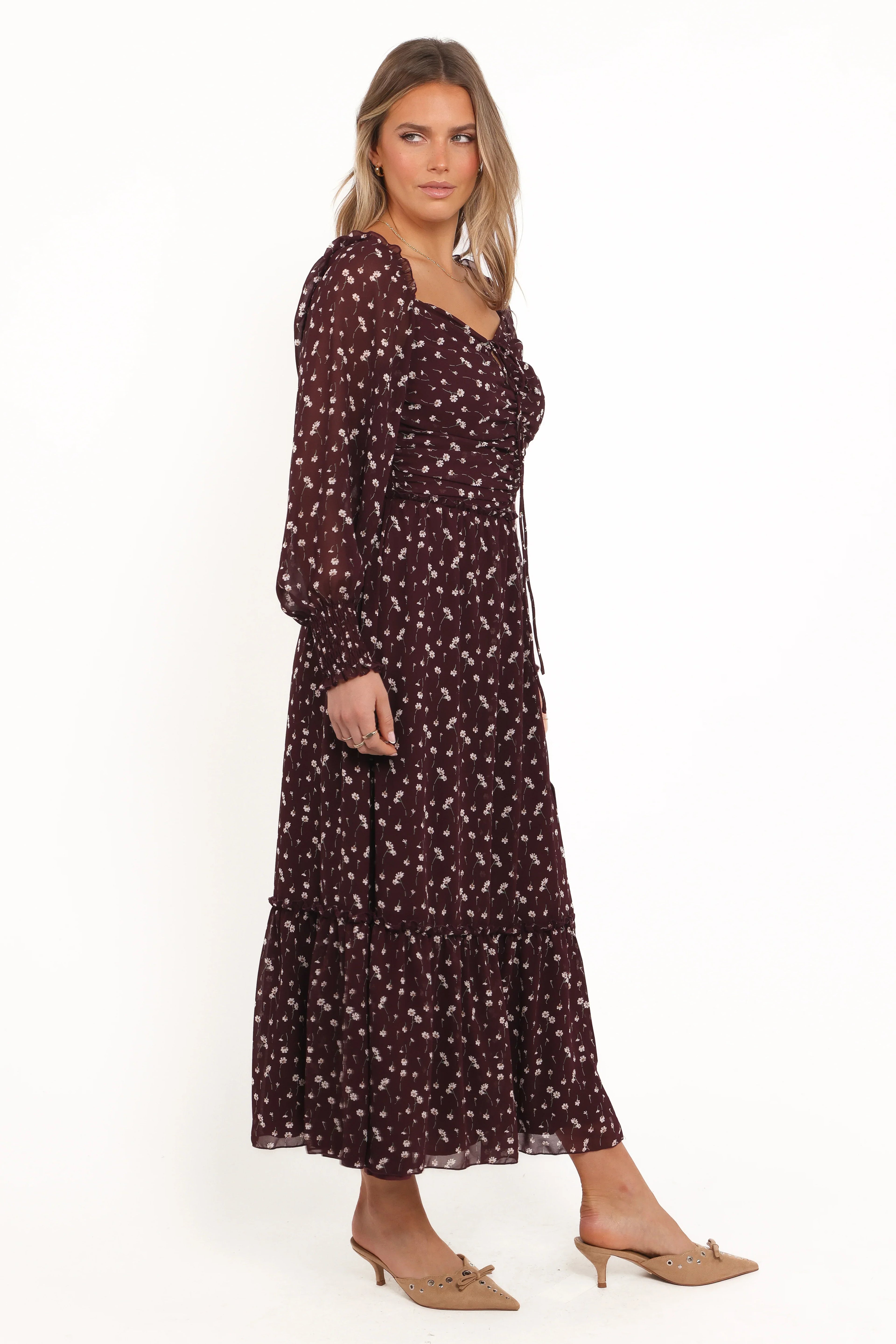 Robe longue Keziah à manches longues - Fleurie bordeaux