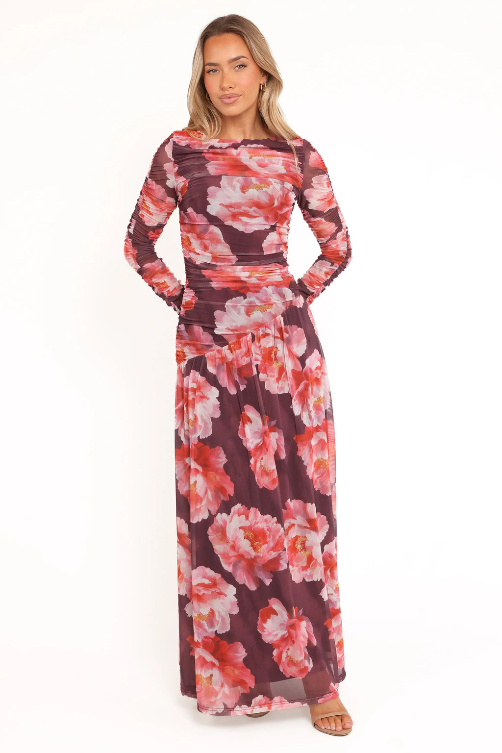Robe longue Calypso à manches longues - Pivoine bordeaux