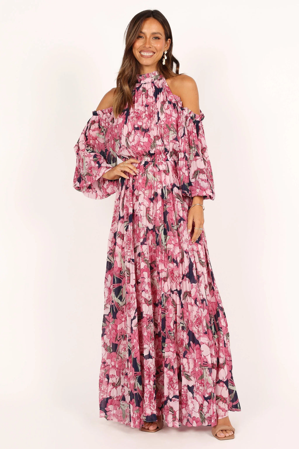 Robe longue plissée Hilary – Imprimé fleuri rose