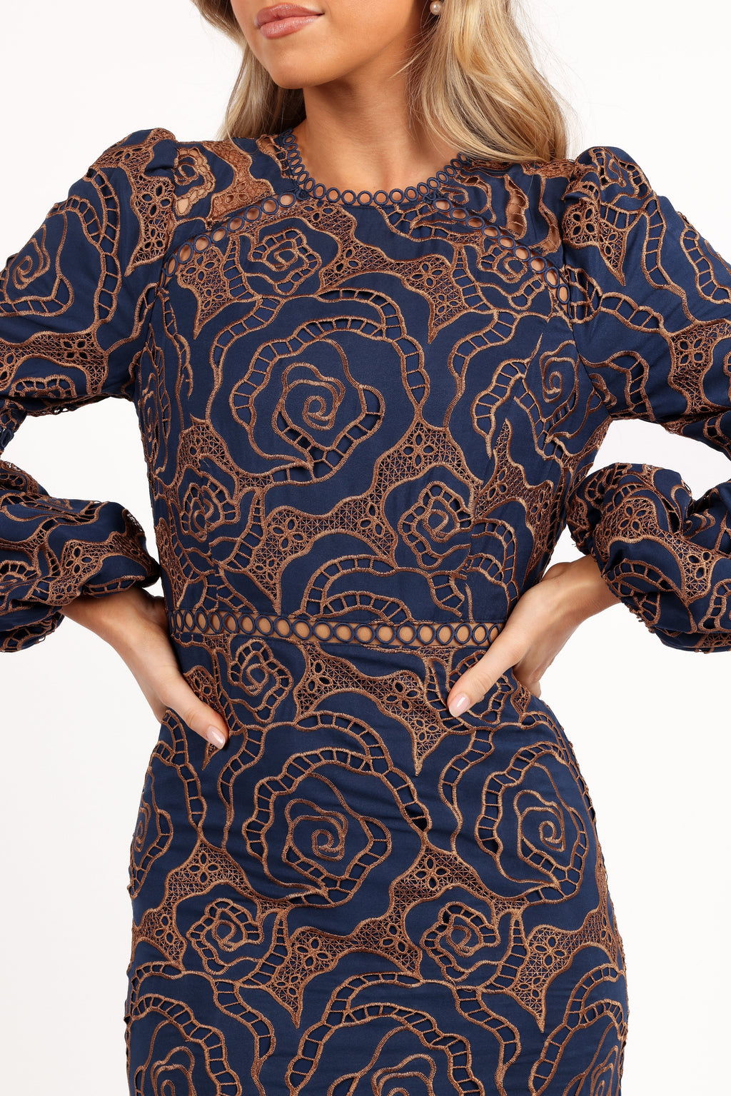 Robe longue Pierre à manches longues en dentelle - Bleu marine