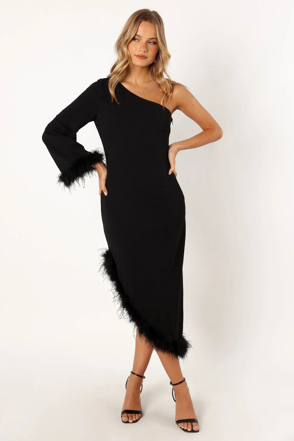 Robe midi asymétrique en plumes pour femme - Noire
