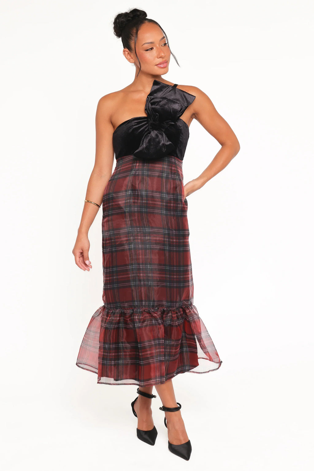 Robe midi Amelie asymétrique à carreaux écossais rouges avec buste ajusté