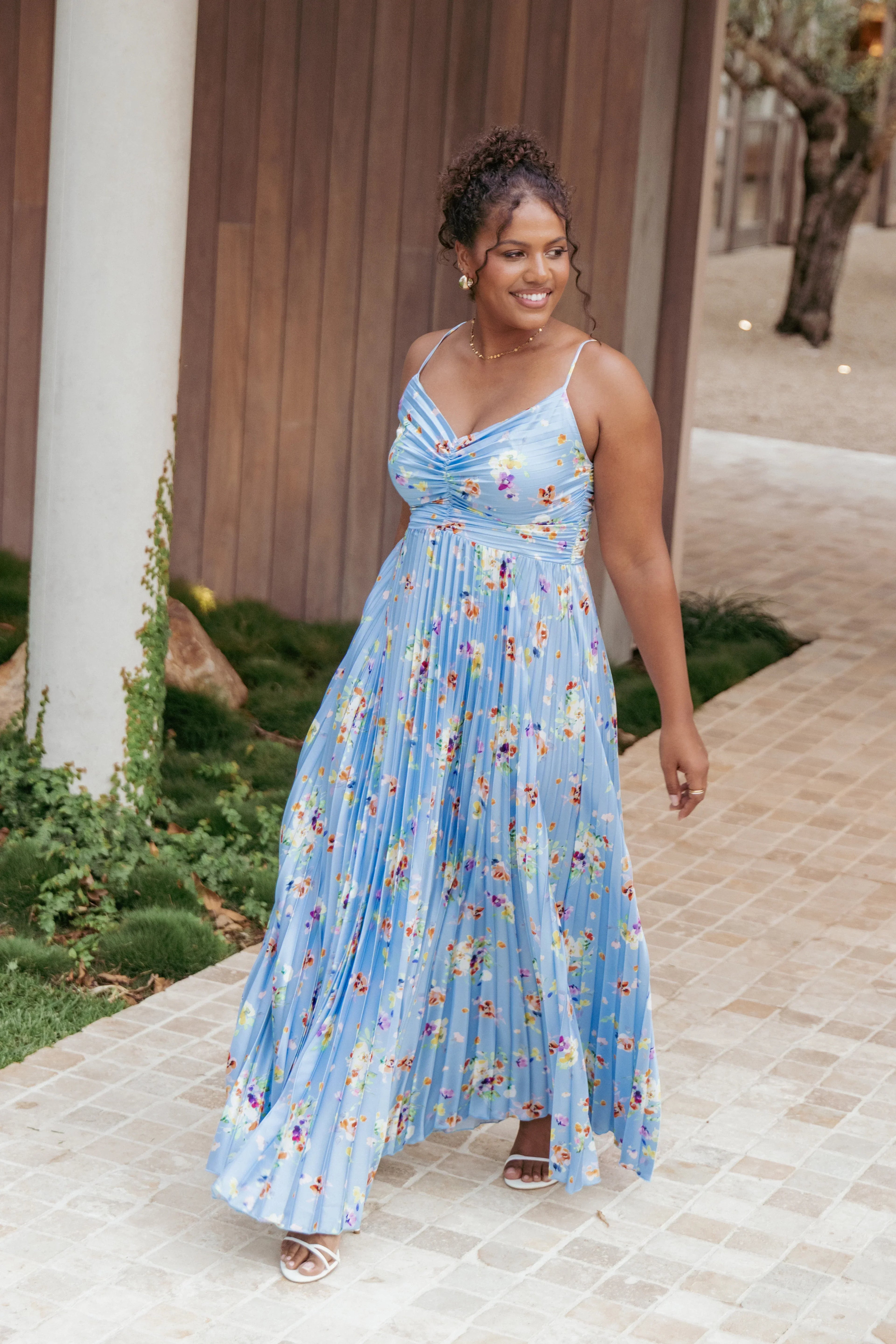 Robe longue plissée Naira - Imprimé floral bleuet