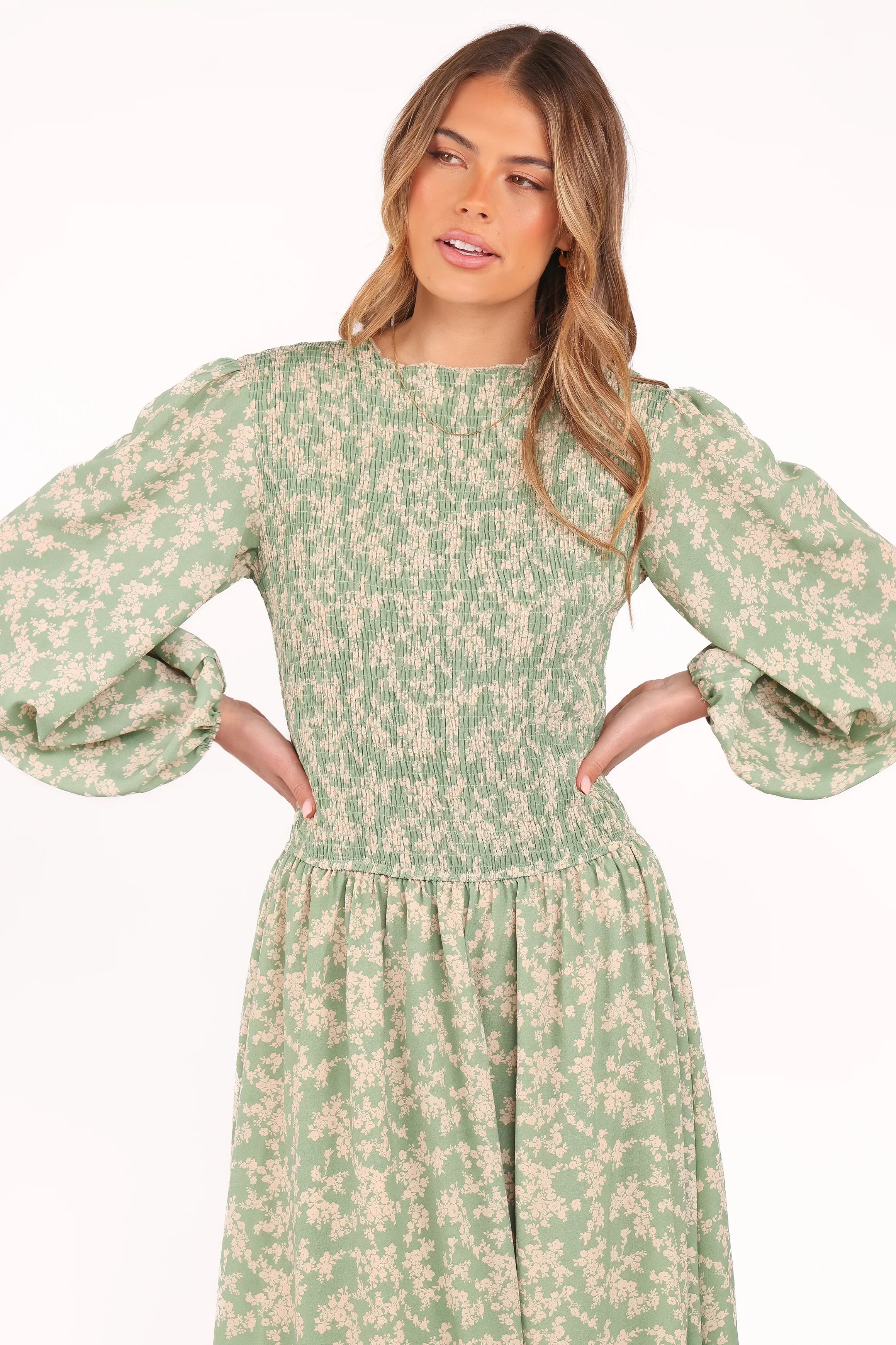 Robe midi Ashara à manches longues - Imprimé floral vert