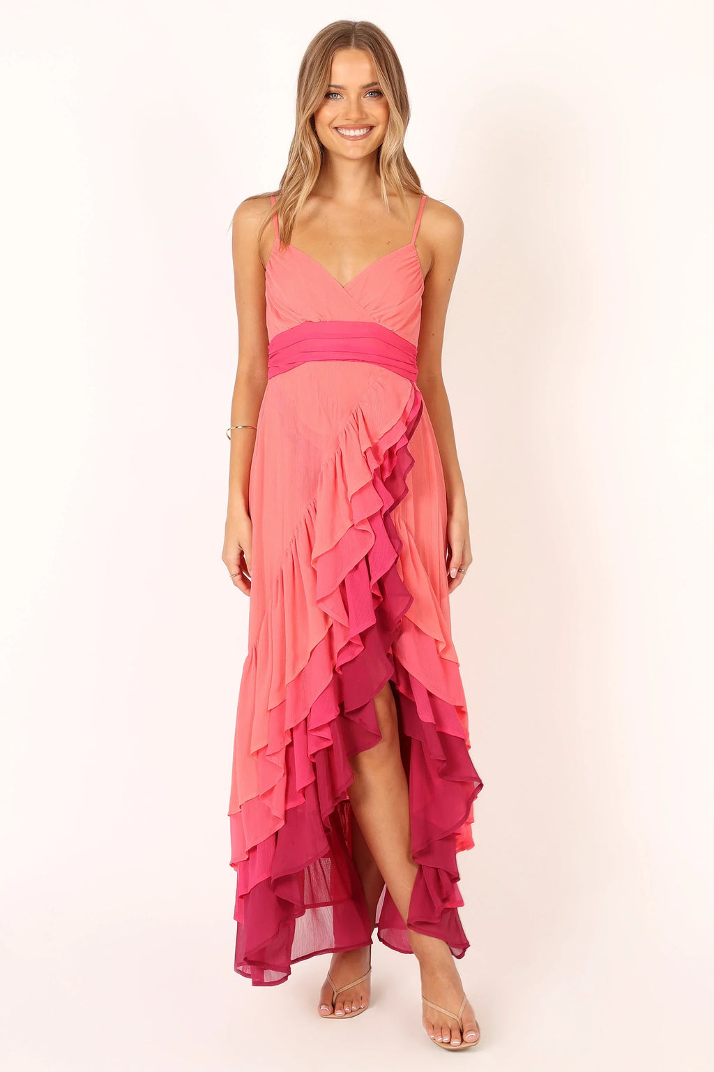 Robe longue étagée BomBon - Rose corail vif
