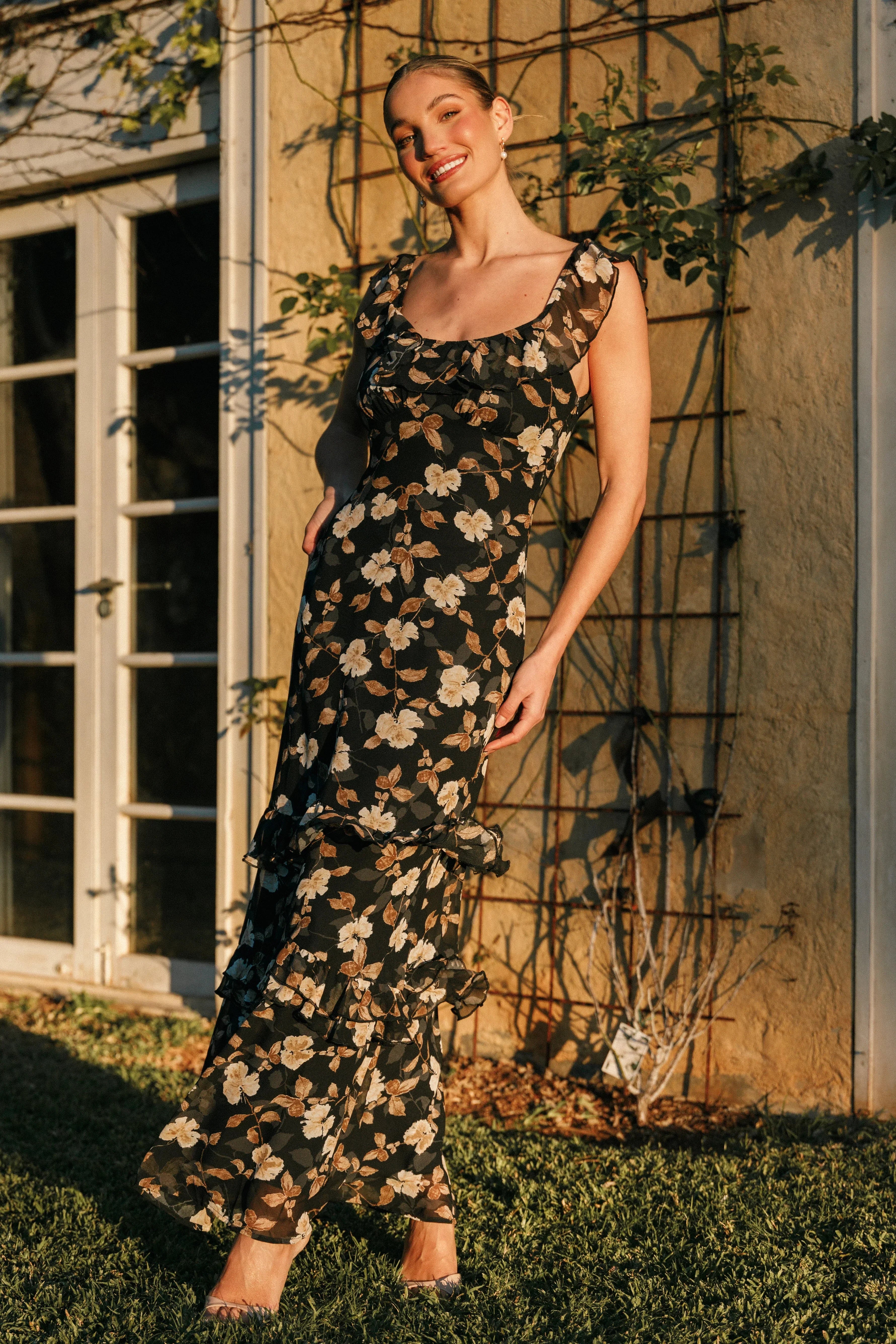 Robe longue Irelynn - Imprimé floral noir
