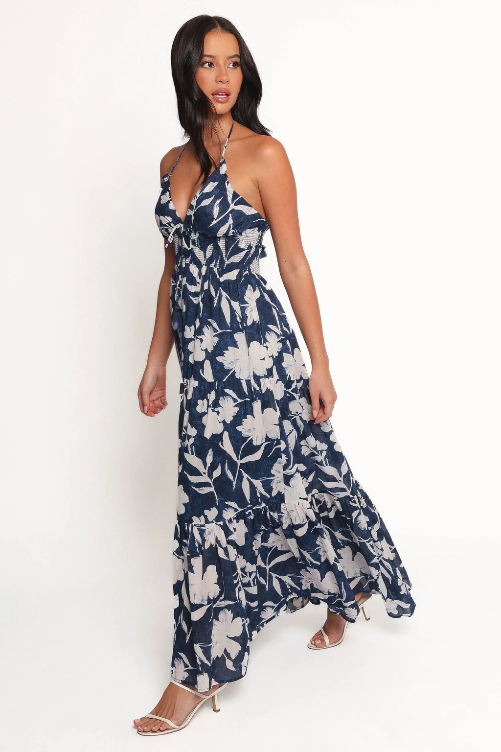 Robe longue Coralie - Bleu marine et pivoine