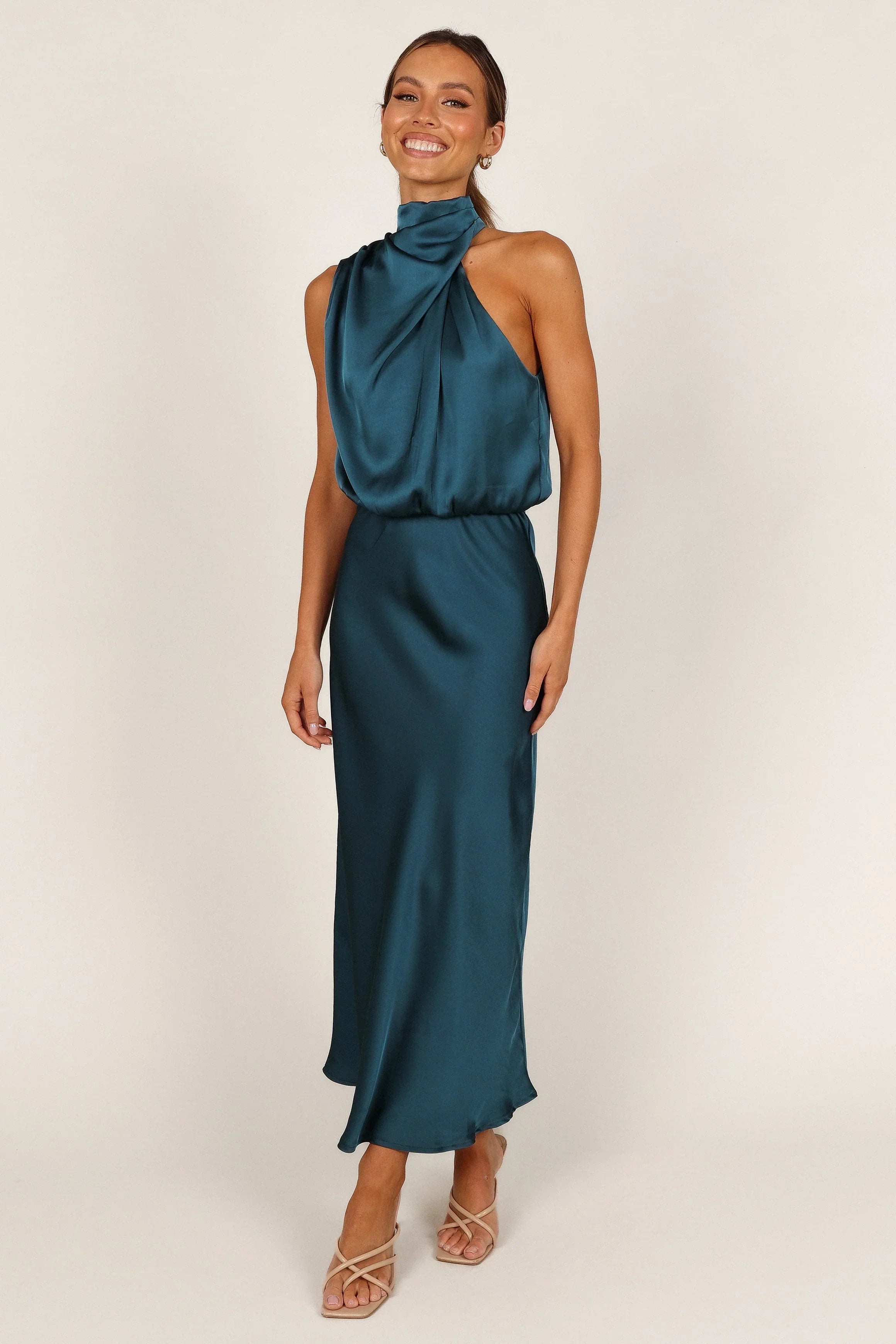 Robe midi Anabelle à encolure américaine - Bleu sarcelle