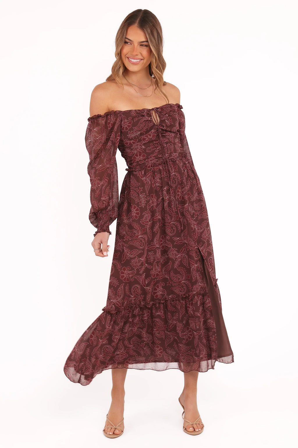 Robe longue Keziah à manches longues – Paisley bordeaux