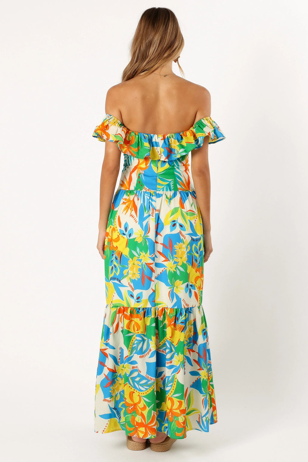 Robe longue Harriet à épaules dénudées – Imprimé Malte