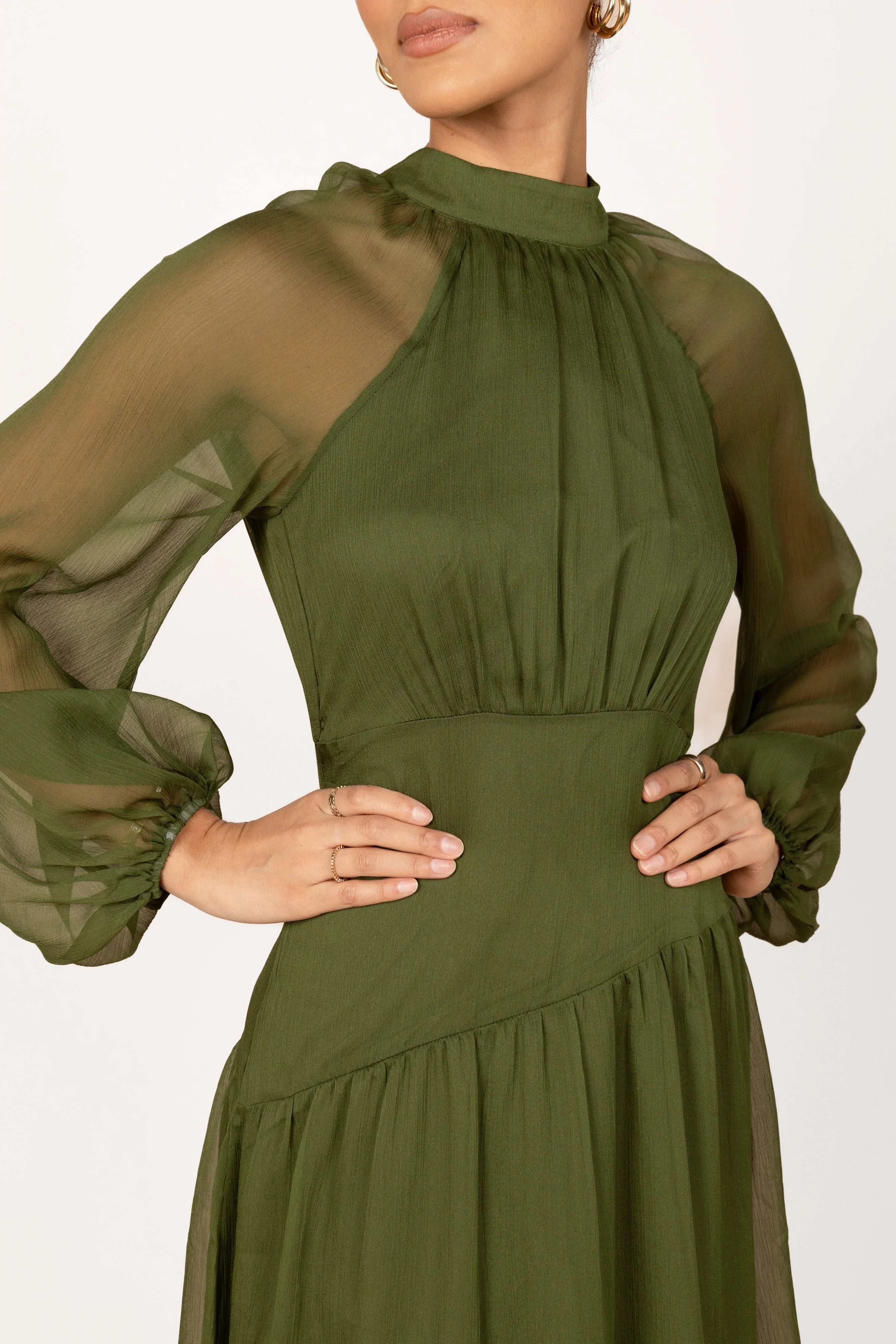 Robe longue maxi à manches longues Julip Sheer - Olive