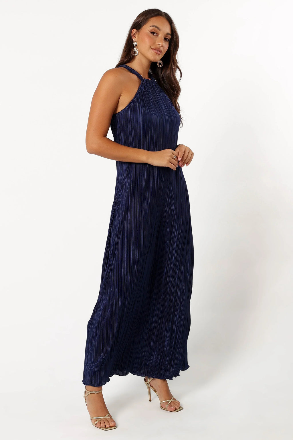 Robe longue plissée à col montant Melody - Marine