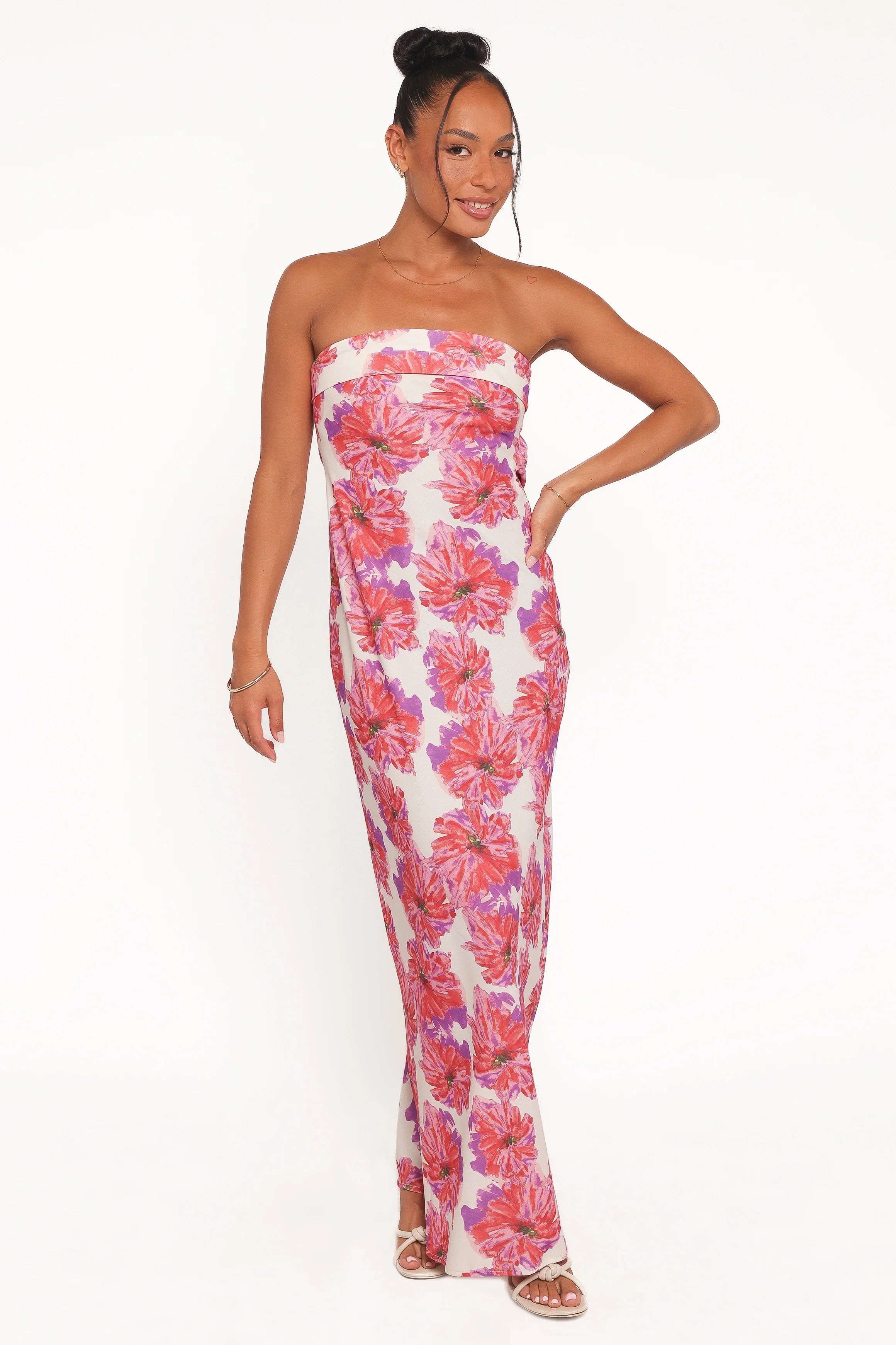 Robe longue sans bretelles Remmie - Imprimé floral rose