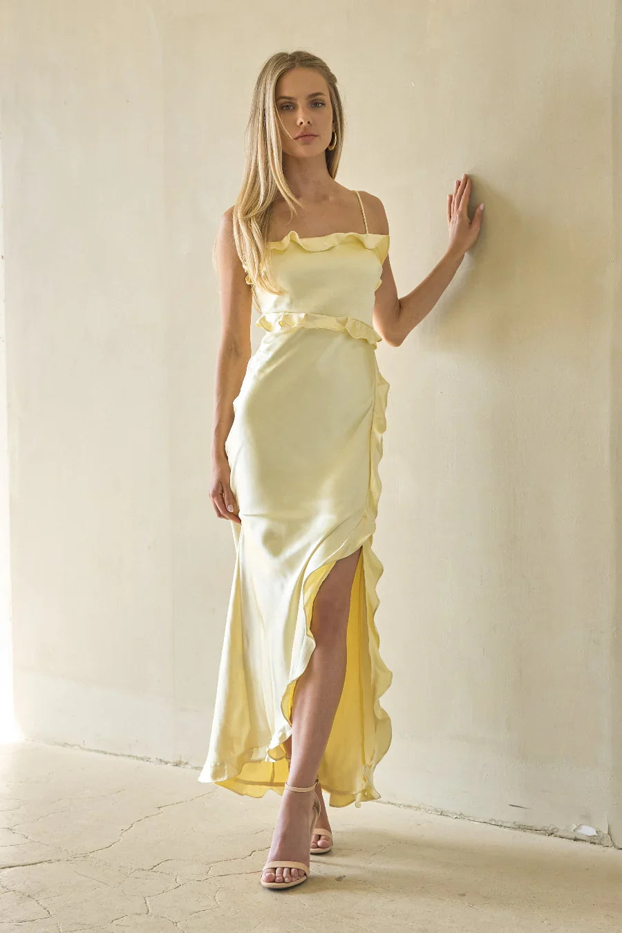 Adrianna Satin Ruffle Maxi Dress
