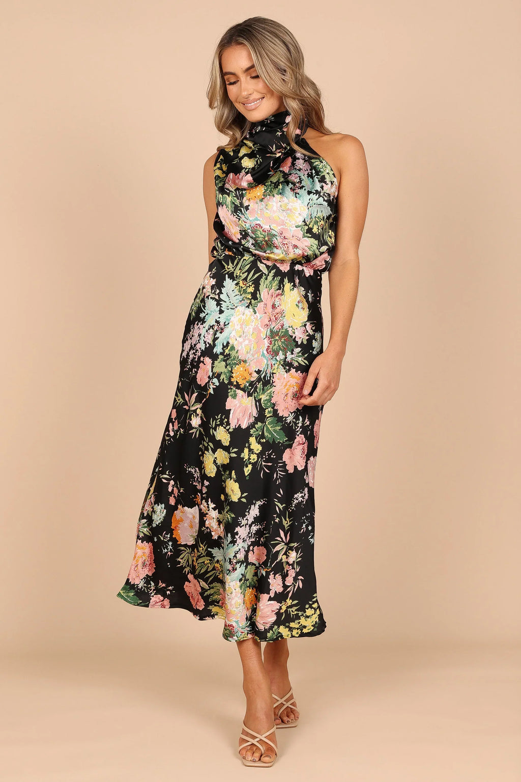 Robe midi Anabelle à col montant – Noir fleuri