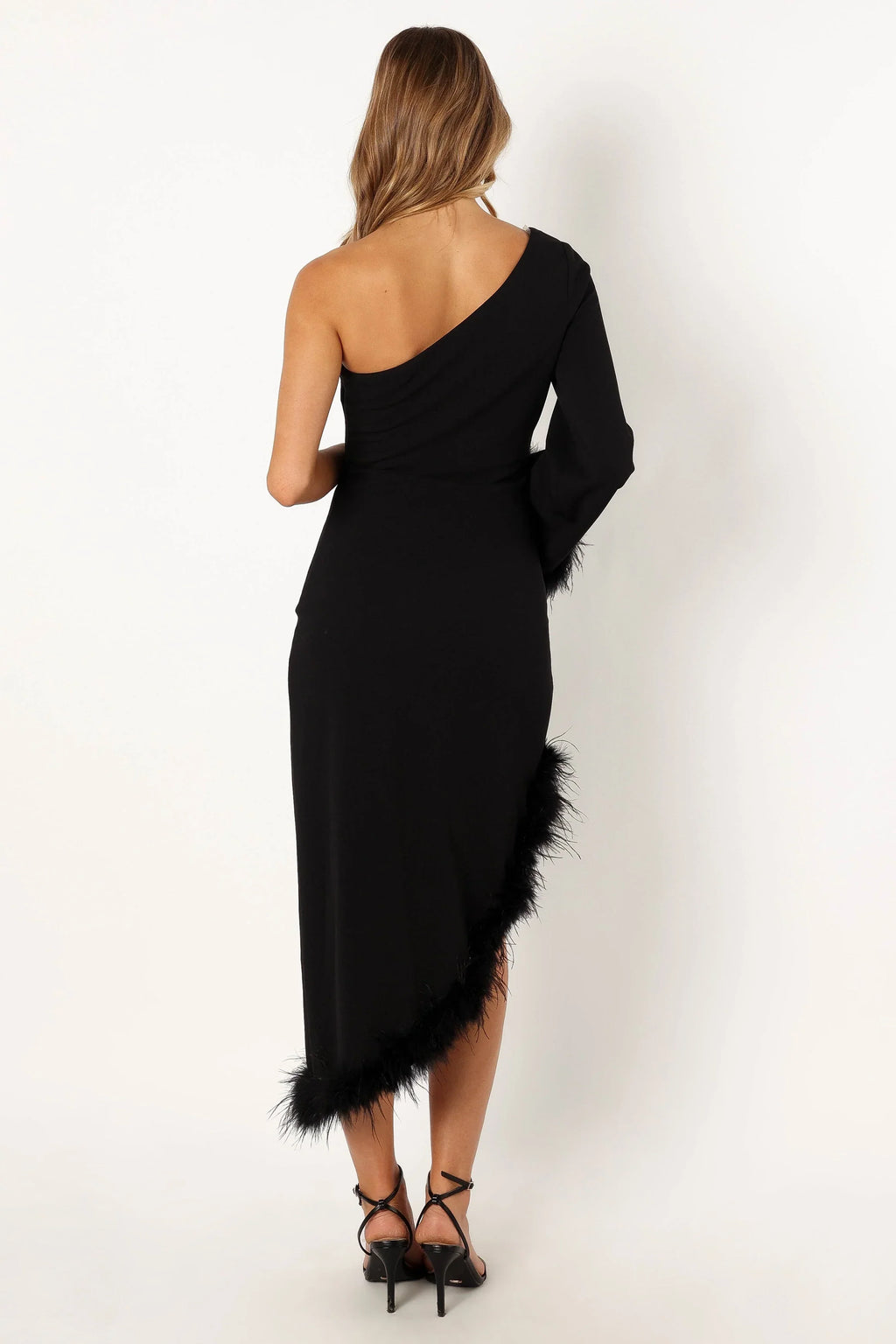 Robe midi asymétrique en plumes pour femme - Noire