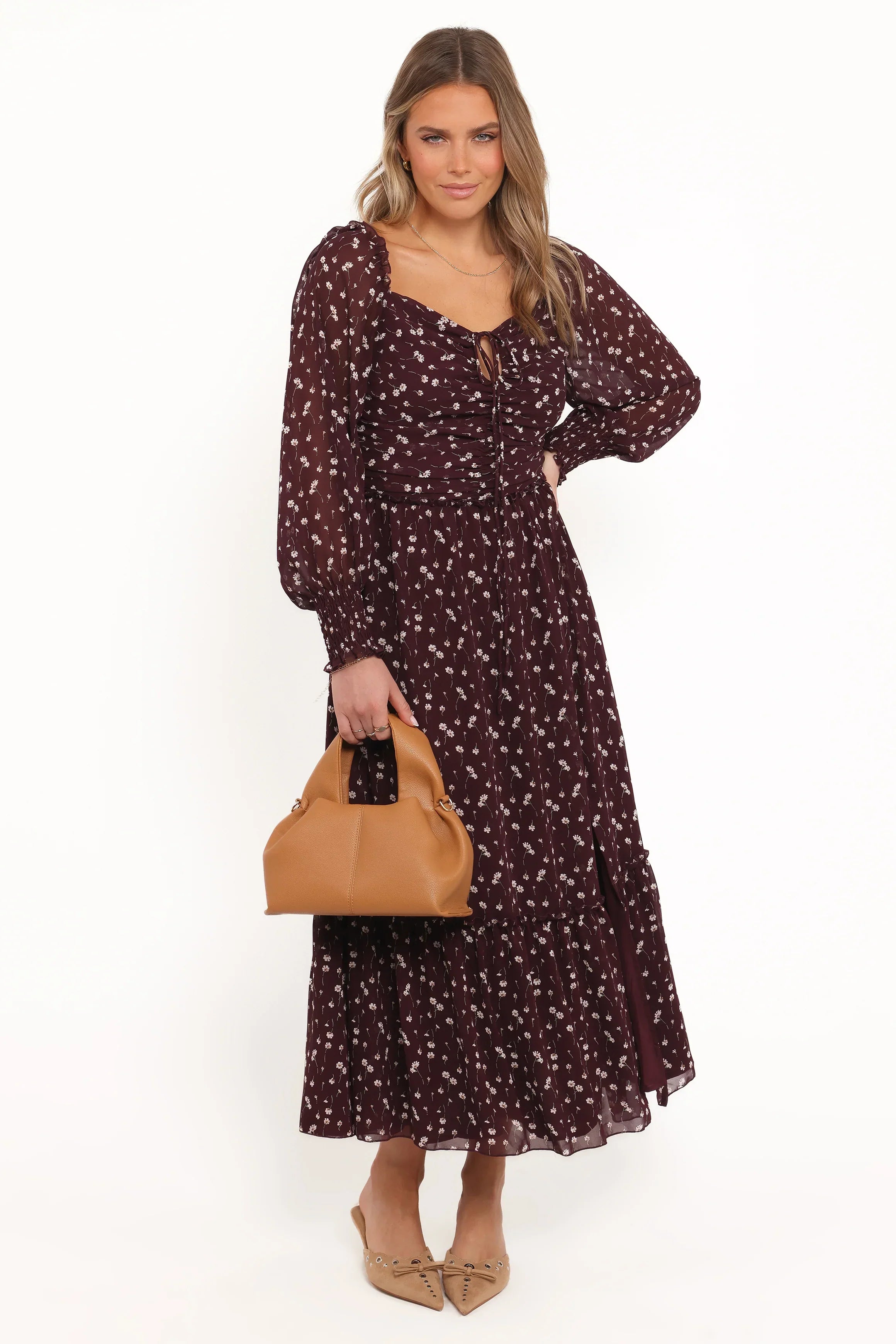 Robe longue Keziah à manches longues - Fleurie bordeaux