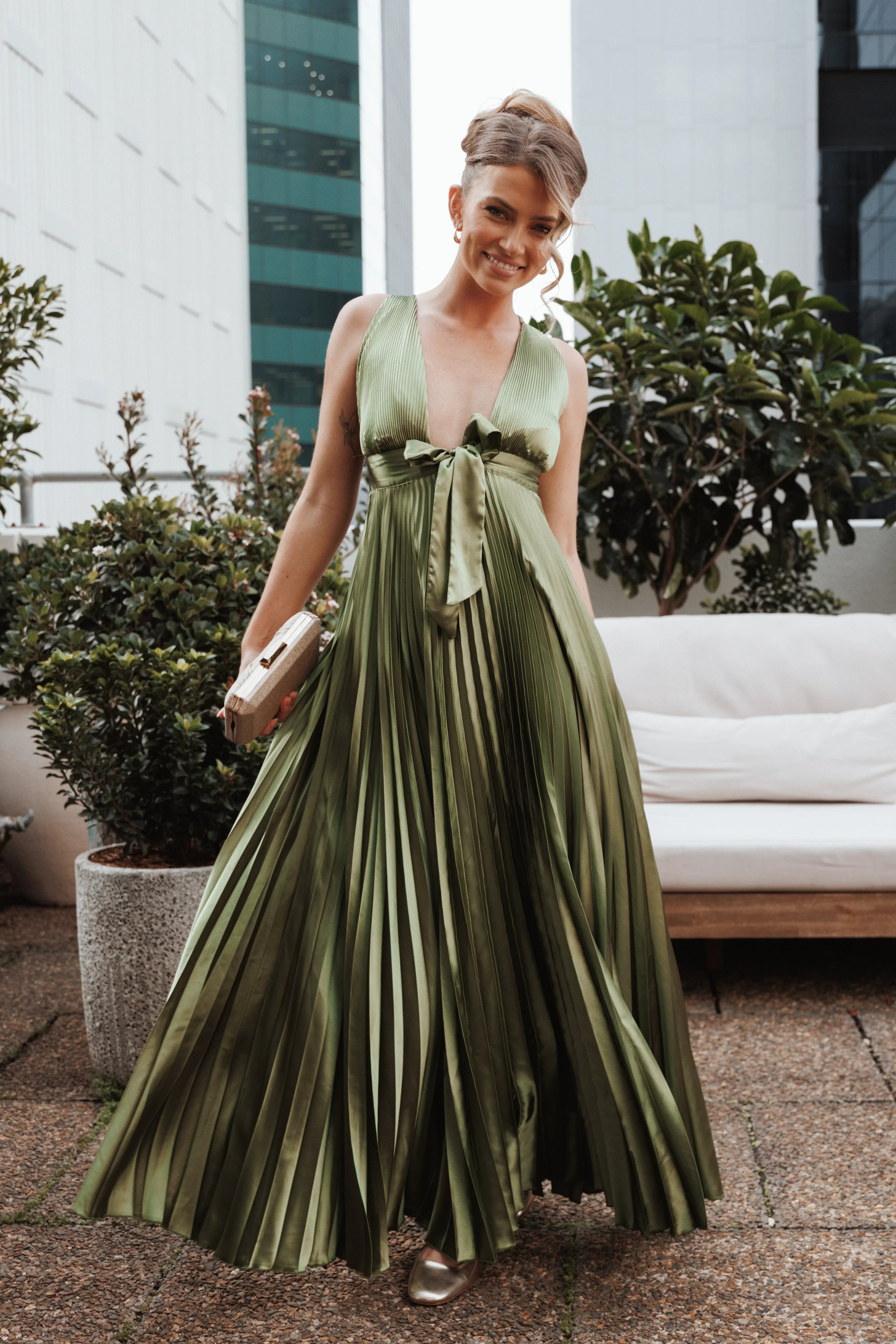 Robe longue plissée Kris - Vert olive
