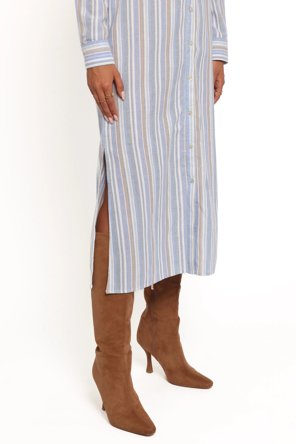 Caprice Long Sleeve Button Down Maxi Dress - Blue Stripe
