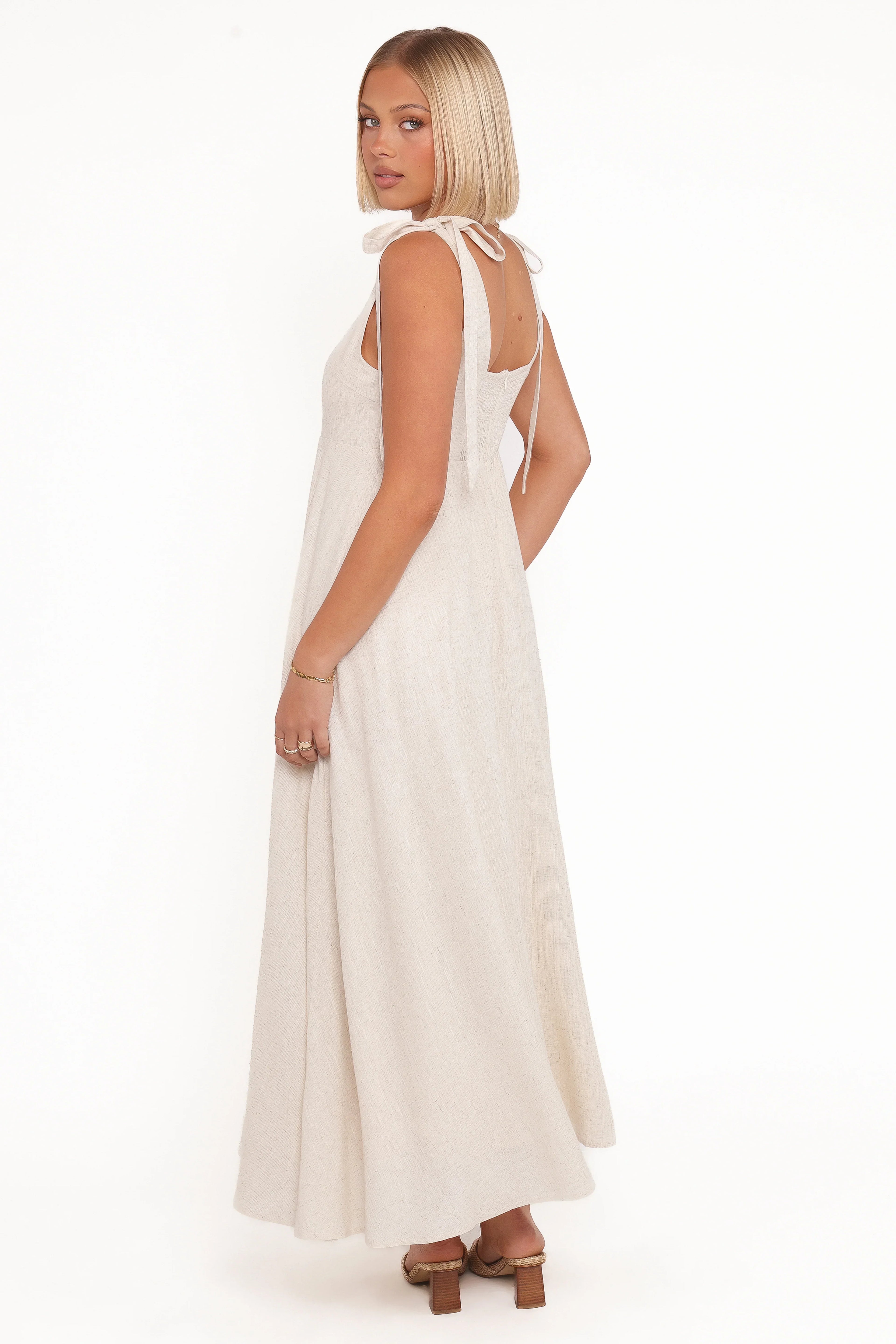 Robe longue Valara à bretelles nouées aux épaules - Avoine