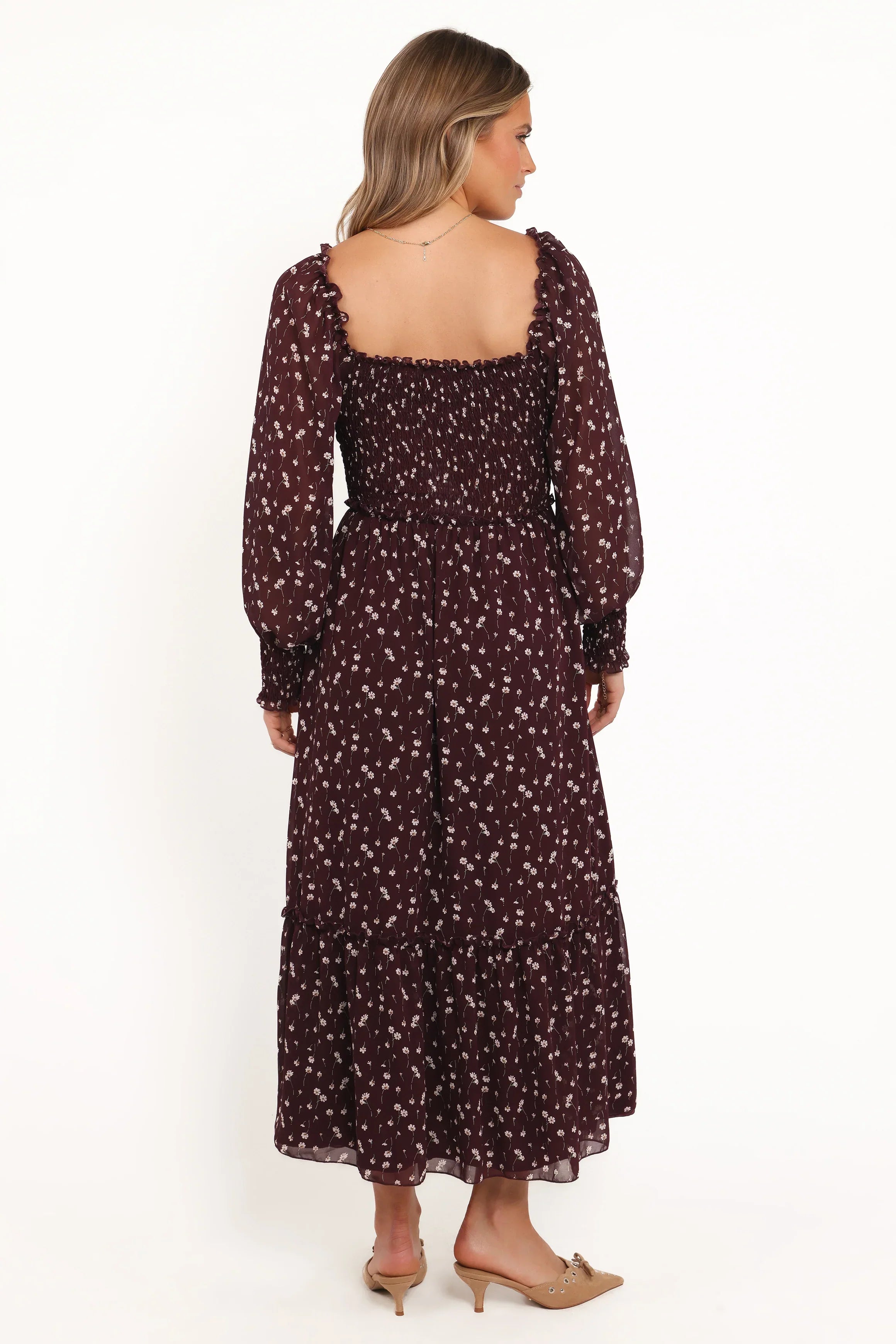 Robe longue Keziah à manches longues - Fleurie bordeaux