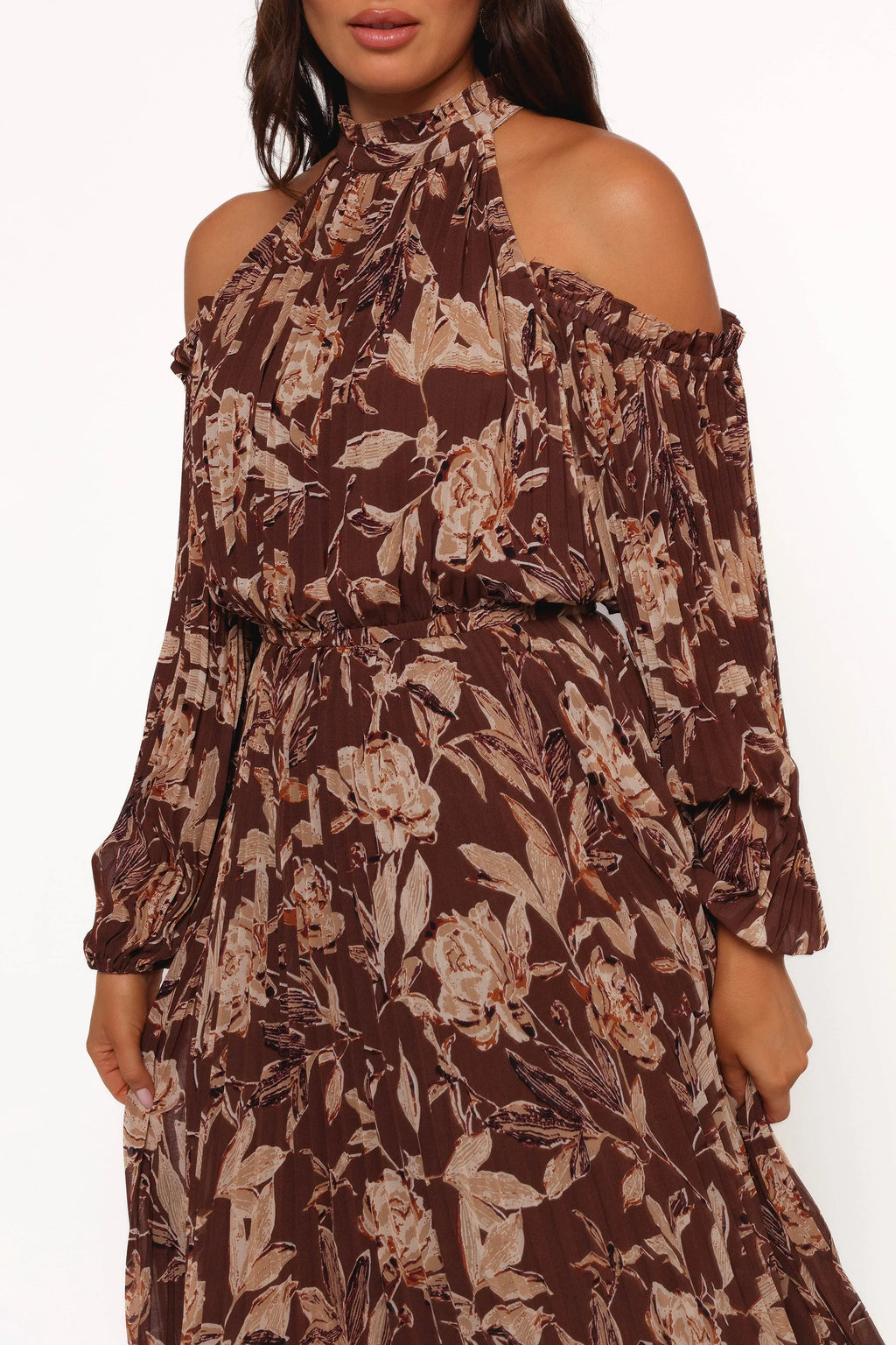 Robe longue plissée Hilary - Imprimé floral marron
