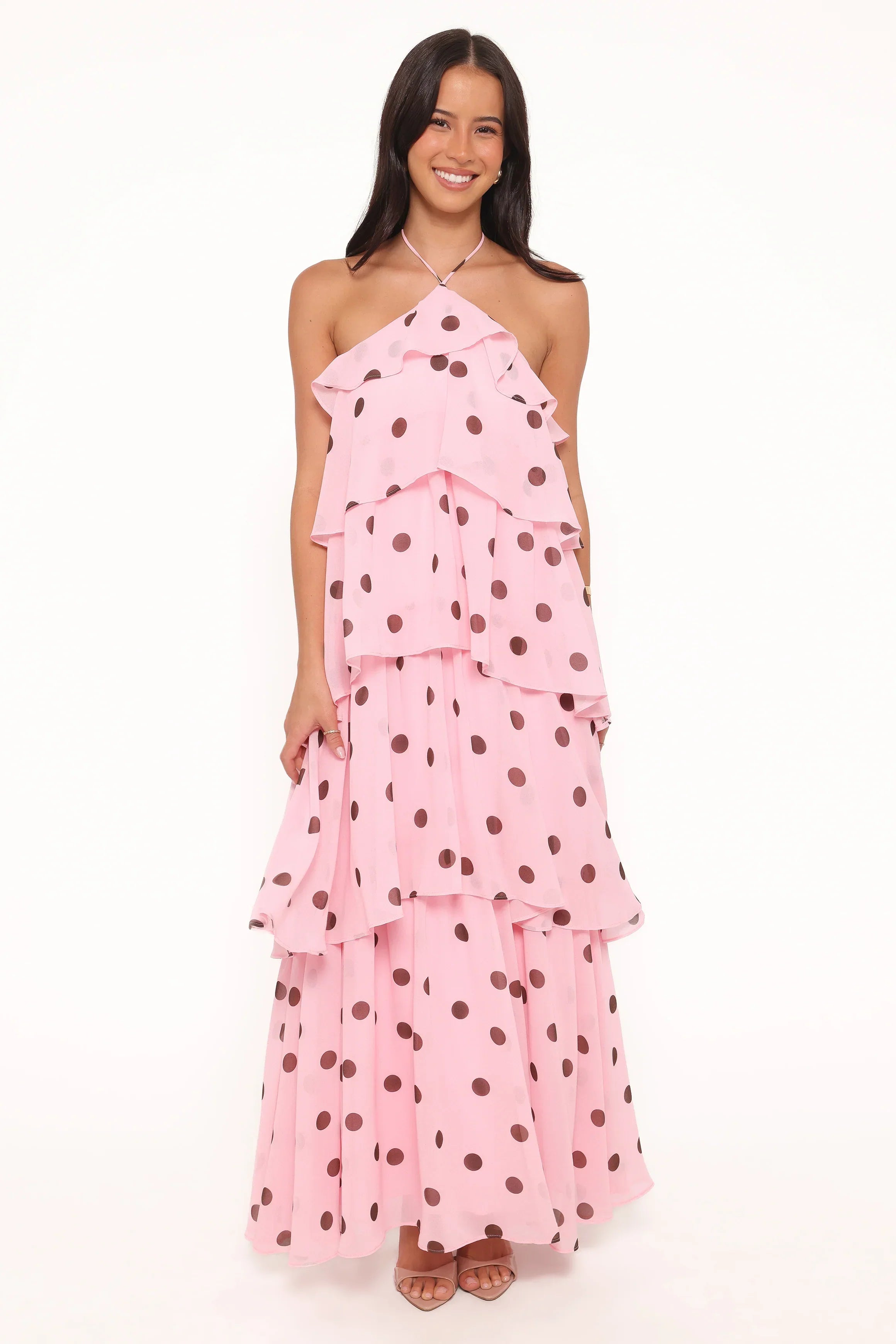 Chasity Halterneck Maxi Dress - Pink Polka Dot