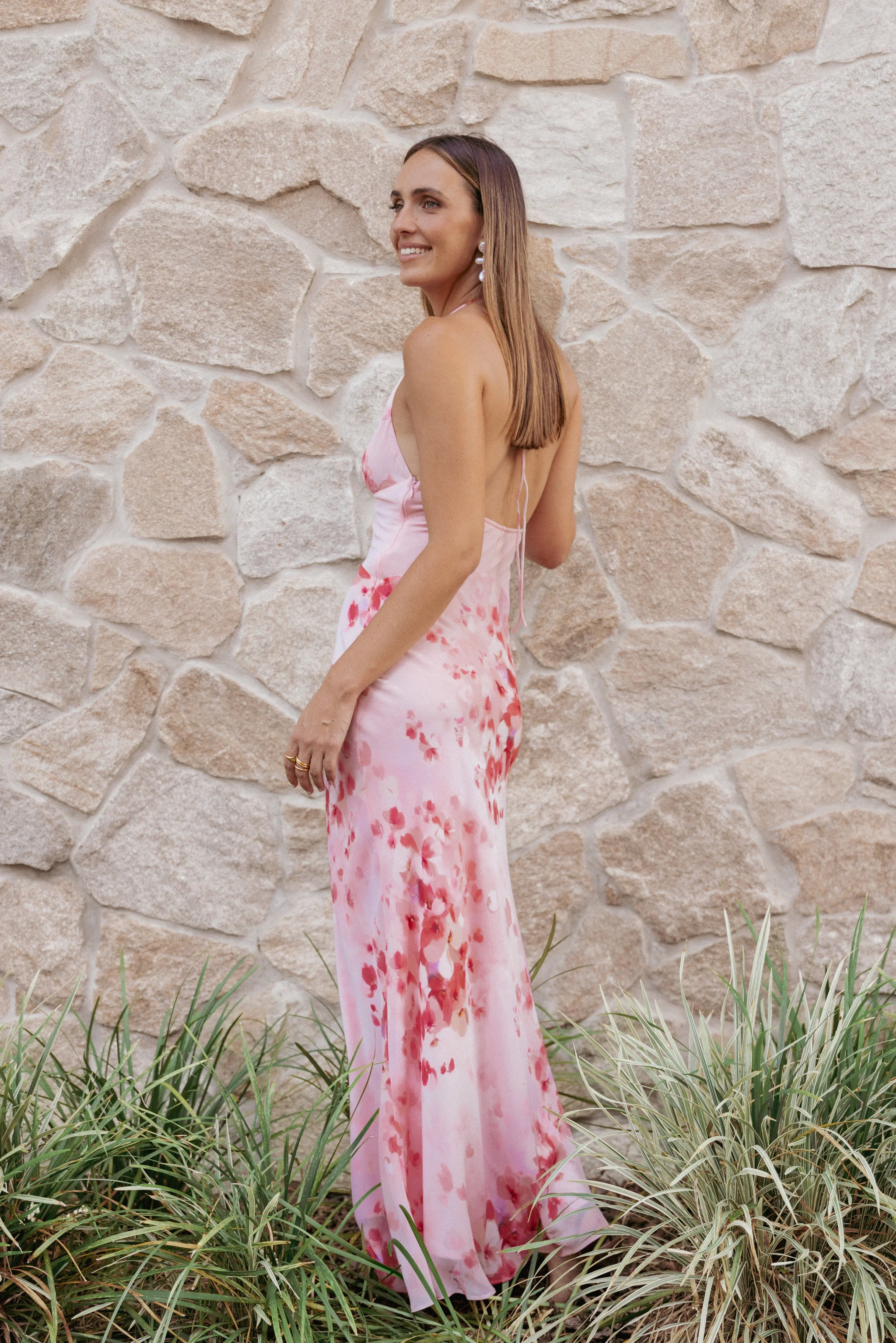 Robe longue Gwyneth à licou - Rose fleuri
