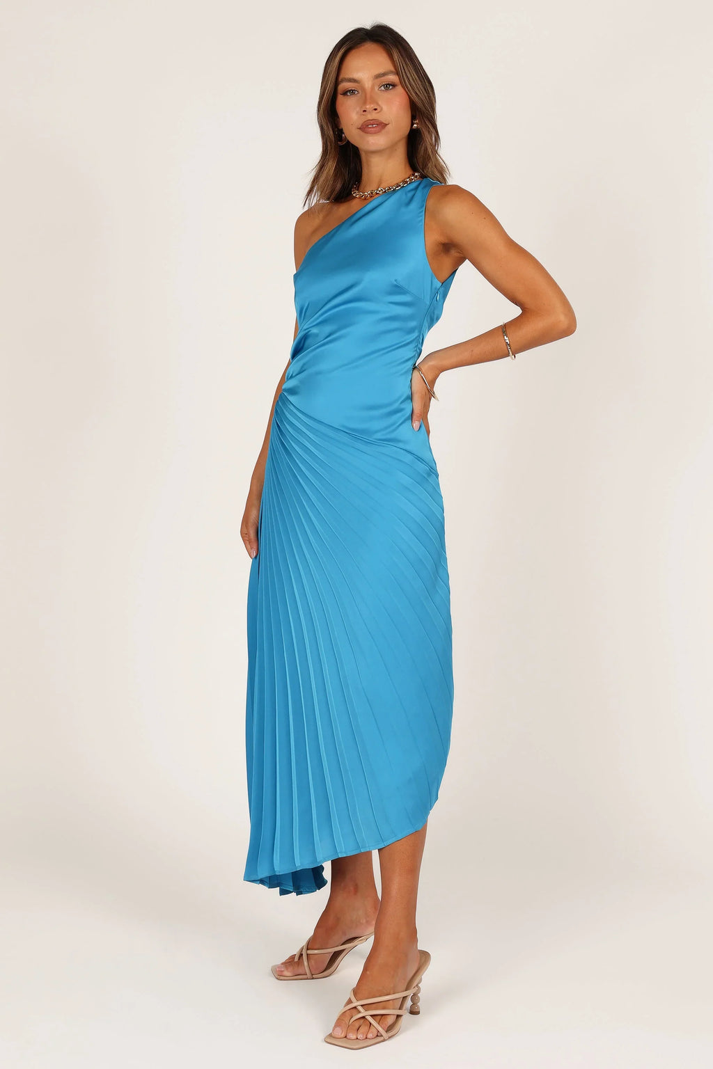 Robe midi plissée à une épaule Flin - Bleu